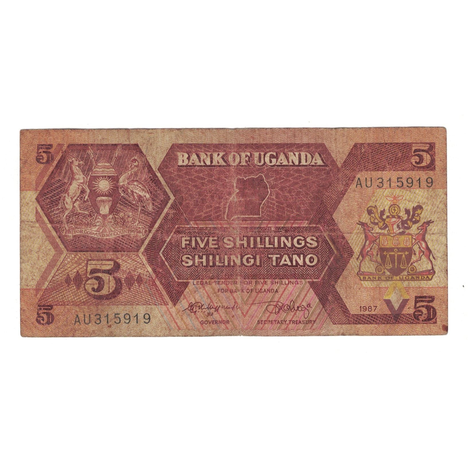 Banknote, Uganda, 5 Shillings, 1987, KM:27, VF(20-25)