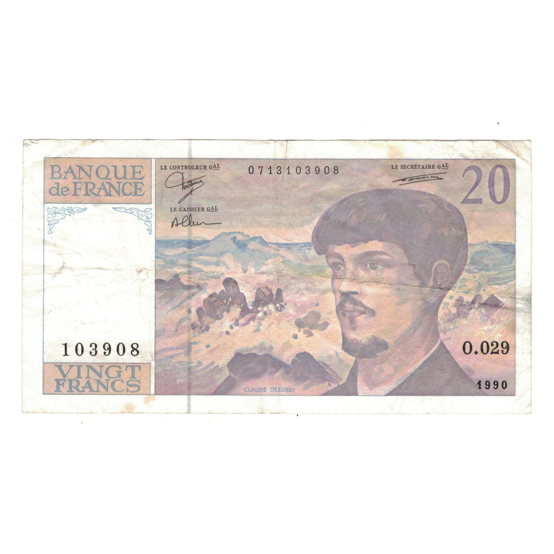 Francja, 20 Francs, Debussy, 1990, O.029, EF(40-45), Fayette:66.01 A29, KM:151d