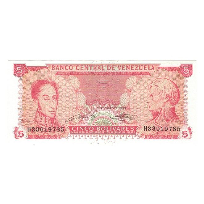 Banknote, Venezuela, 5 Bolivares, 1989, 1989-09-21, KM:70b, UNC(65-70)