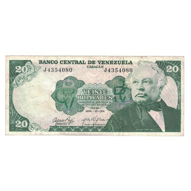 Banknote, Venezuela, 20 Bolivares, 1974, 1974-04-23, KM:53a, EF(40-45)