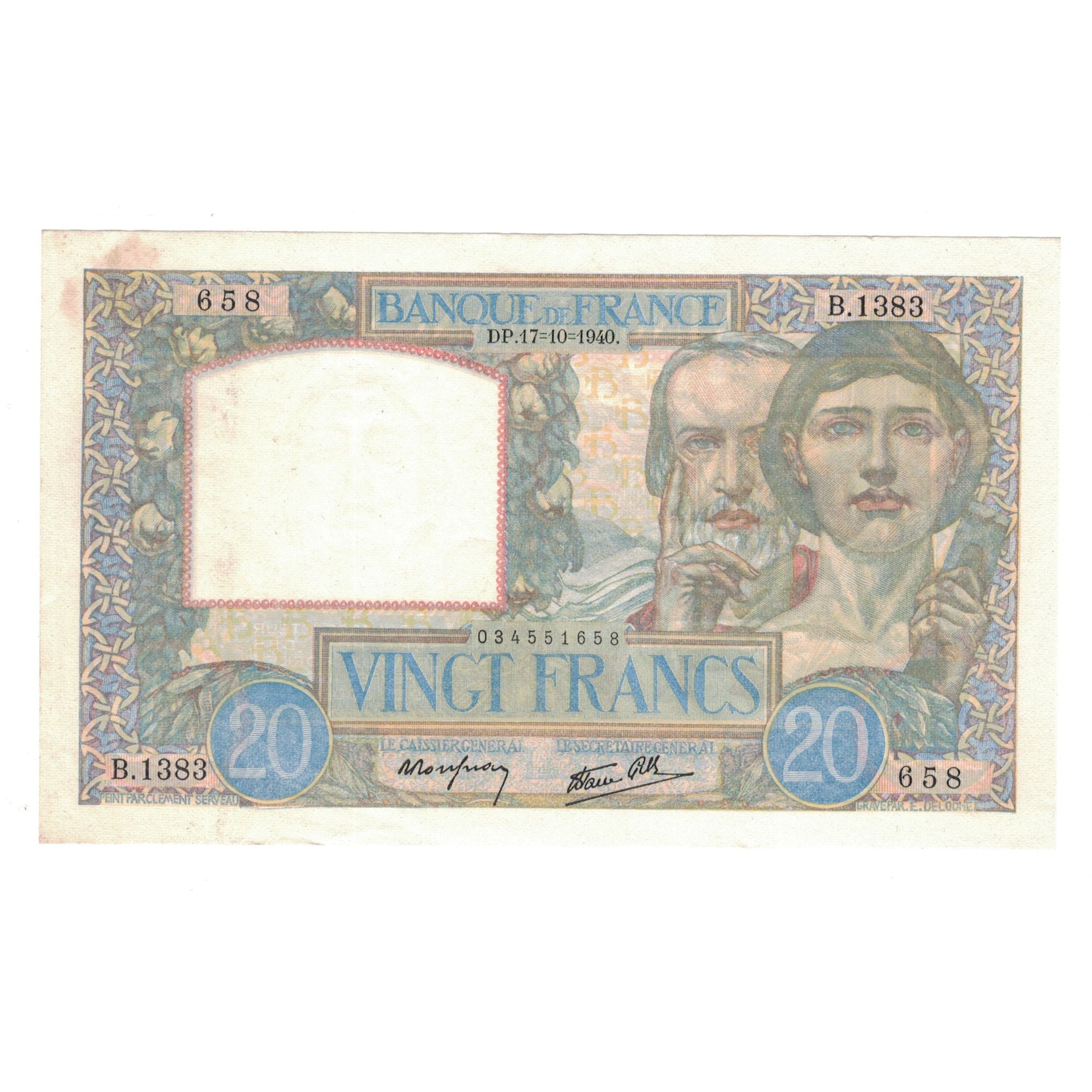 França, 20 Francs, Science et Travail, 1940, B.1383, AU(50-53), Fayette:12.9
