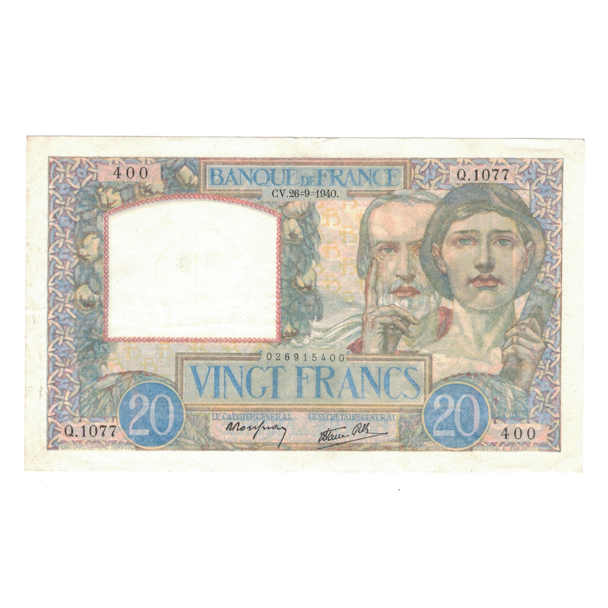 Frankreich, 20 Francs, Science et Travail, 1940, Q.1077, SS+, Fayette:12.7