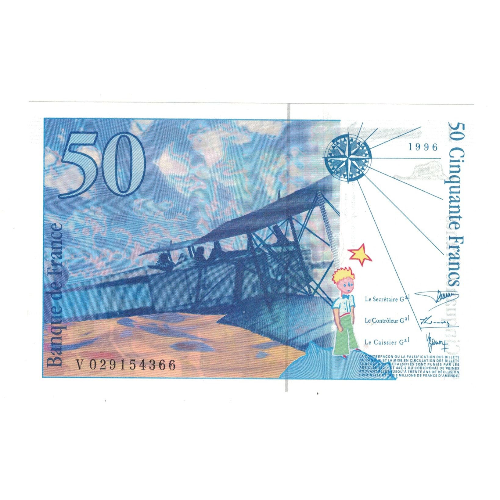 França, 50 Francs, St Exupéry, 1996, V029154366, UNC(65-70), Fayette:73.2