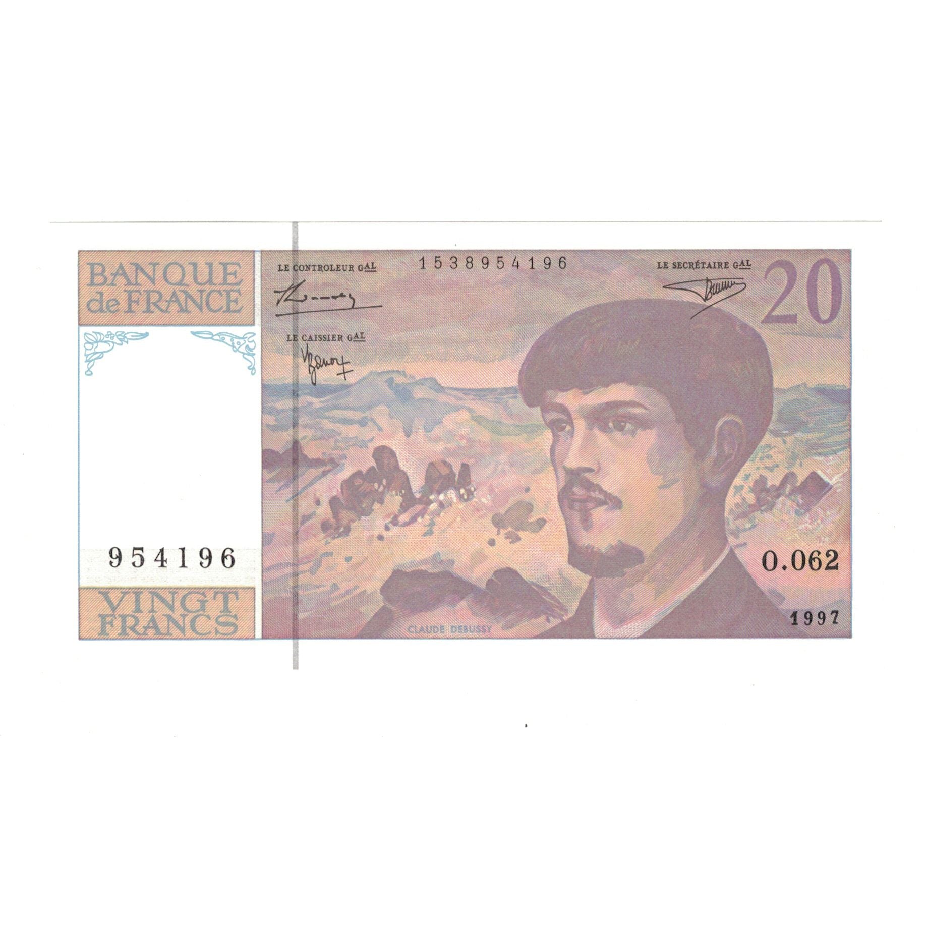 France, 20 Francs, Debussy, 1997, O.062, UNC(65-70), Fayette:66TER.2A62, KM:151i