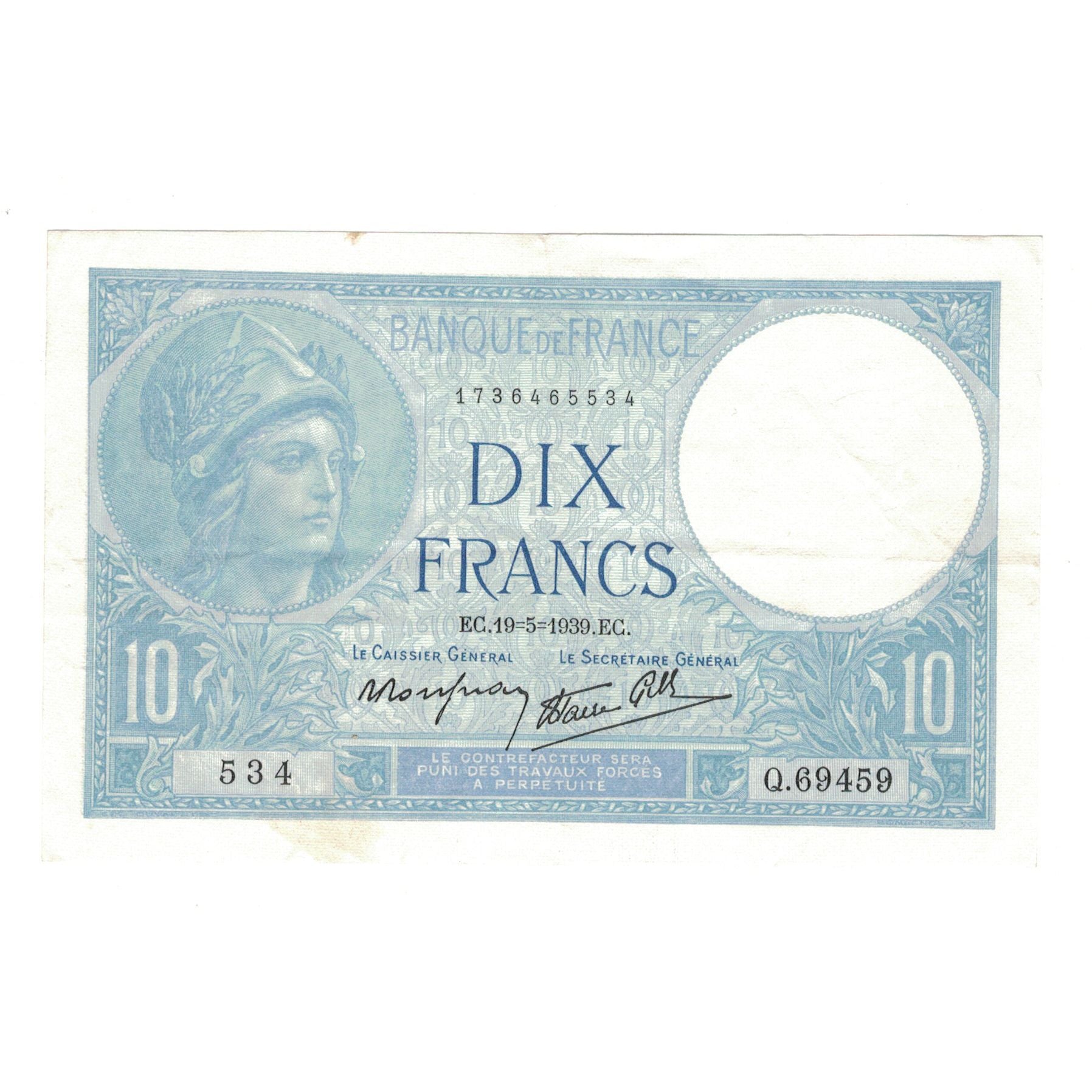 Frankreich, 10 Francs, Minerve, 1939, Q.69459, SS+, Fayette:7.3, KM:84