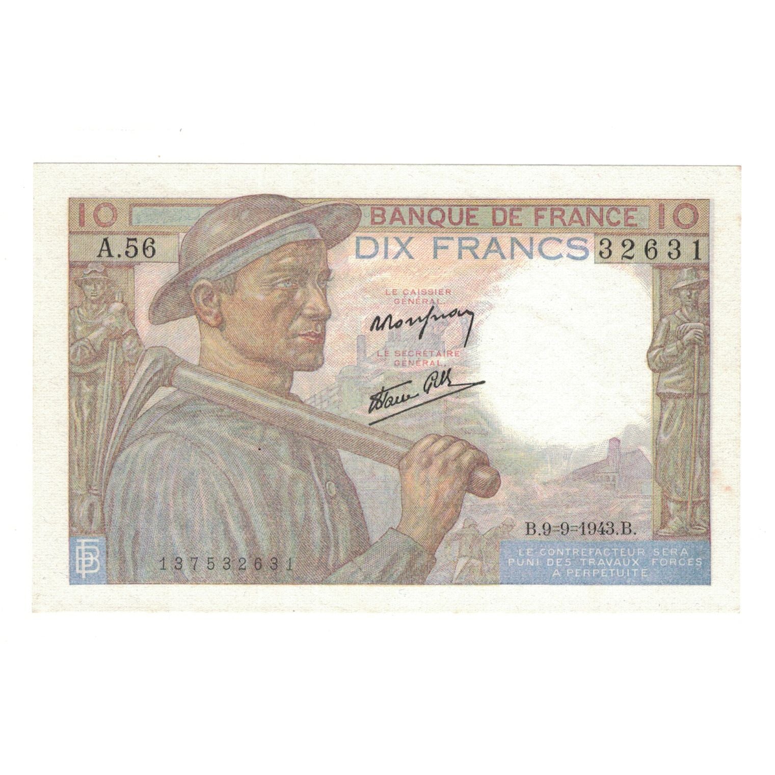 France, 10 Francs, Mineur, 1943, A.56, SPL, Fayette:8.9, KM:99d