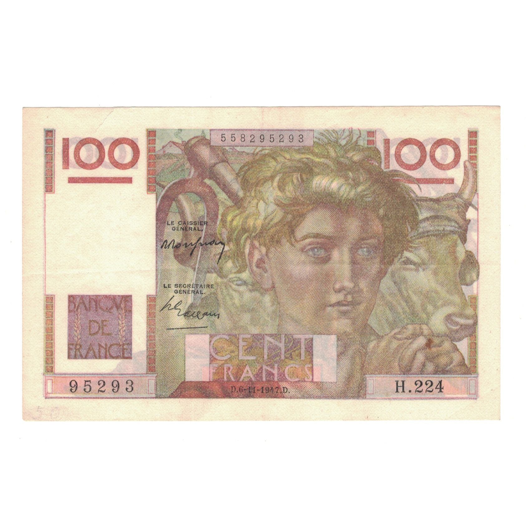 France, 100 Francs, Jeune Paysan, 1947, 28.16, AU(55-58), Fayette:28.16, KM:128b