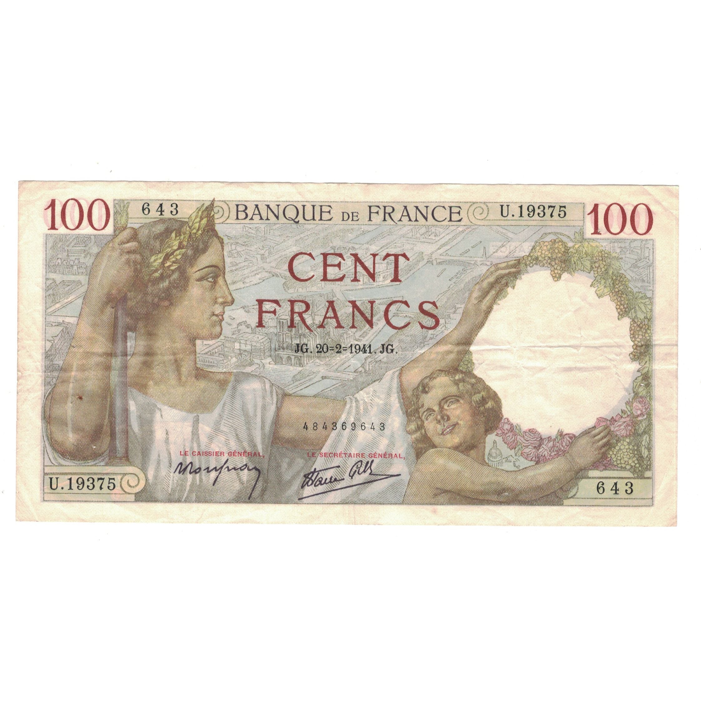 França, 100 Francs, Sully, 1941, U.19375, EF(40-45), Fayette:26.47, KM:94
