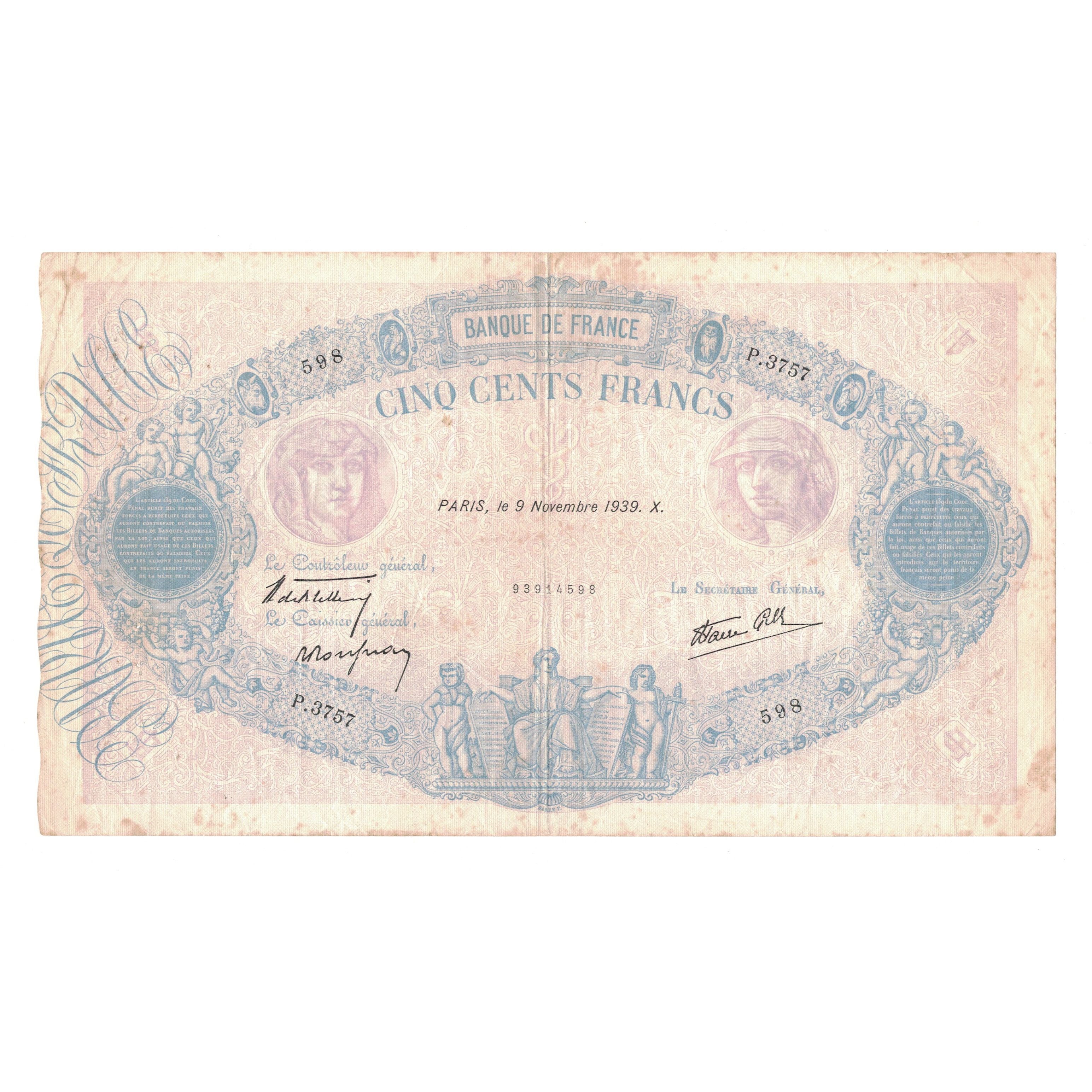 França, 500 Francs, Bleu et Rose, 1939, P.3757, VF(30-35), Fayette:31.47