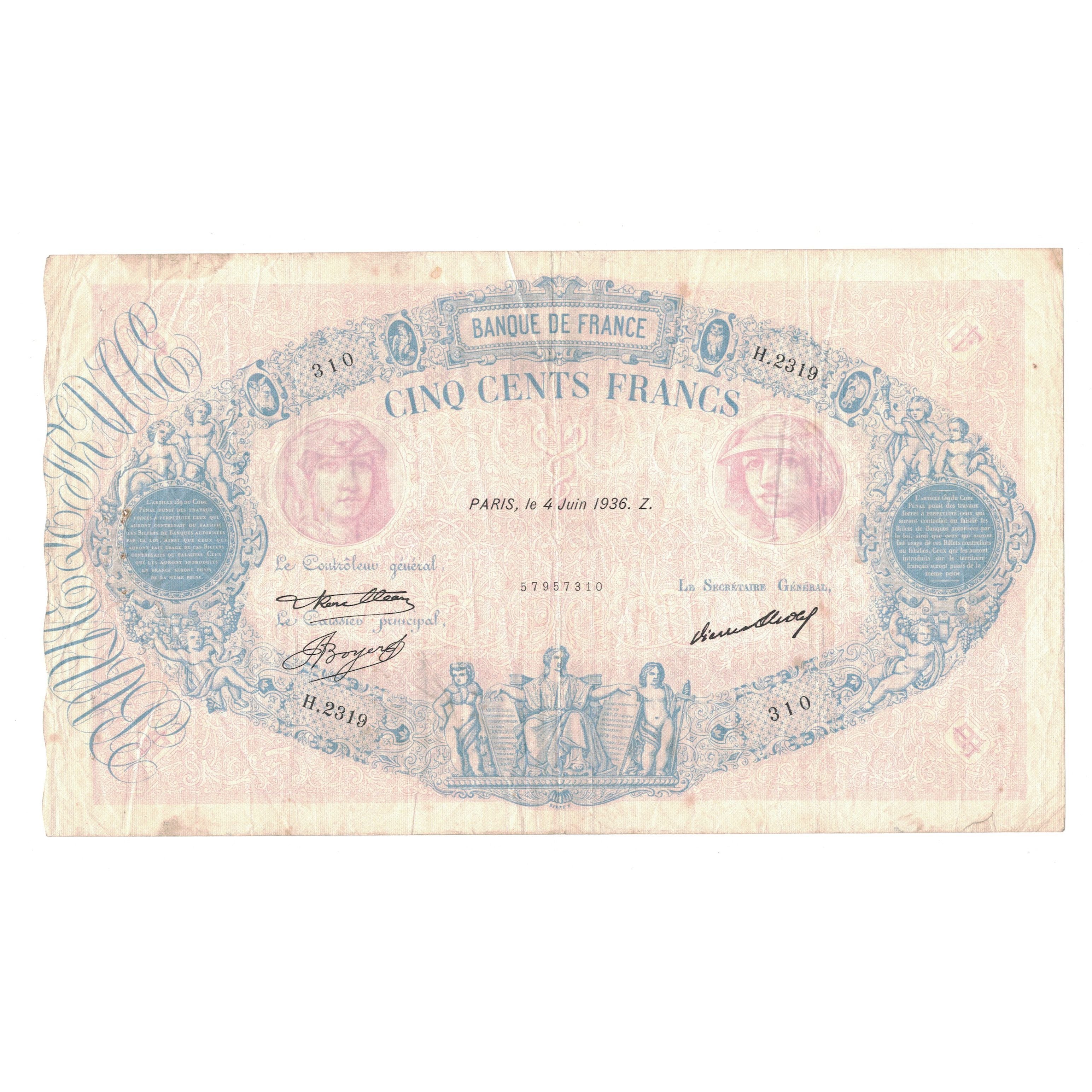França, 500 Francs, Bleu et Rose, 1939, H.2319, VF(30-35), Fayette:30.37