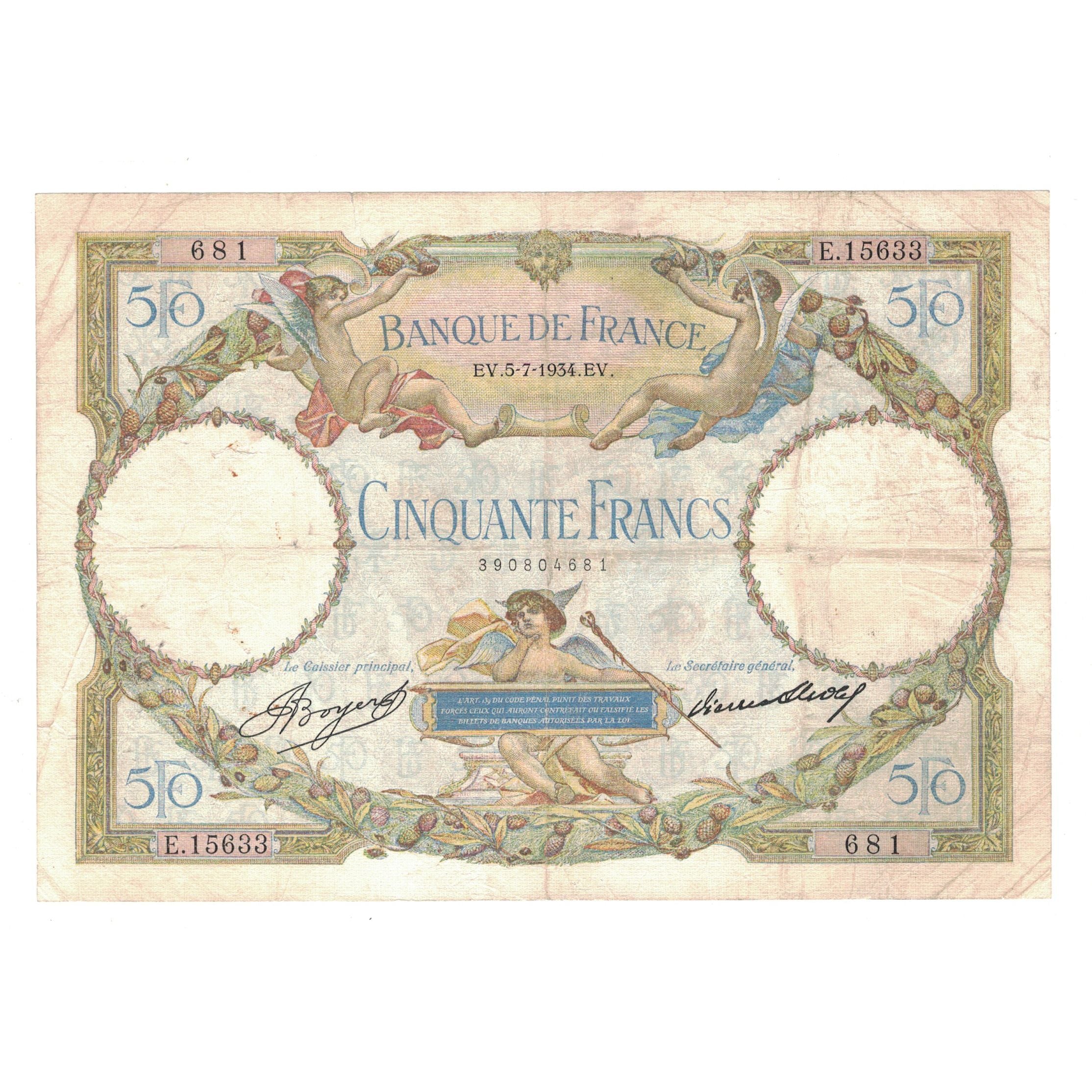 França, 50 Francs, Luc Olivier Merson, 1934, E.15633, VF(30-35), Fayette:16.5