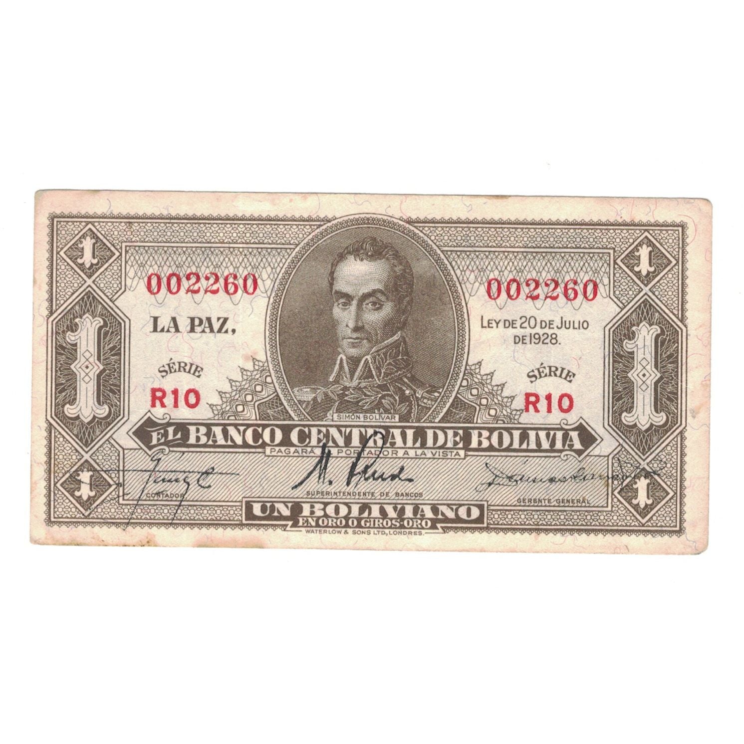 Billete, 1 Boliviano, 1928, Bolivia, 1928-07-20, KM:128c, BC+