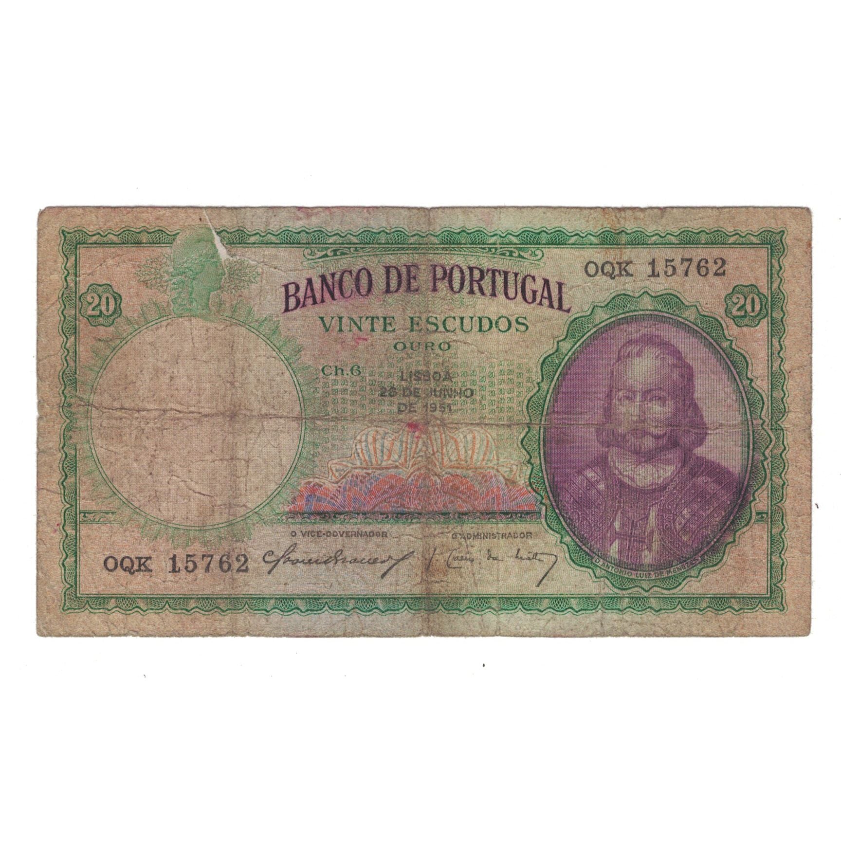 Banknote, Portugal, 20 Escudos, 1951, 1951-06-26, KM:153a, VG(8-10)