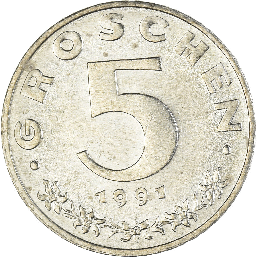 Moeda, Áustria, 5 Groschen, 1991