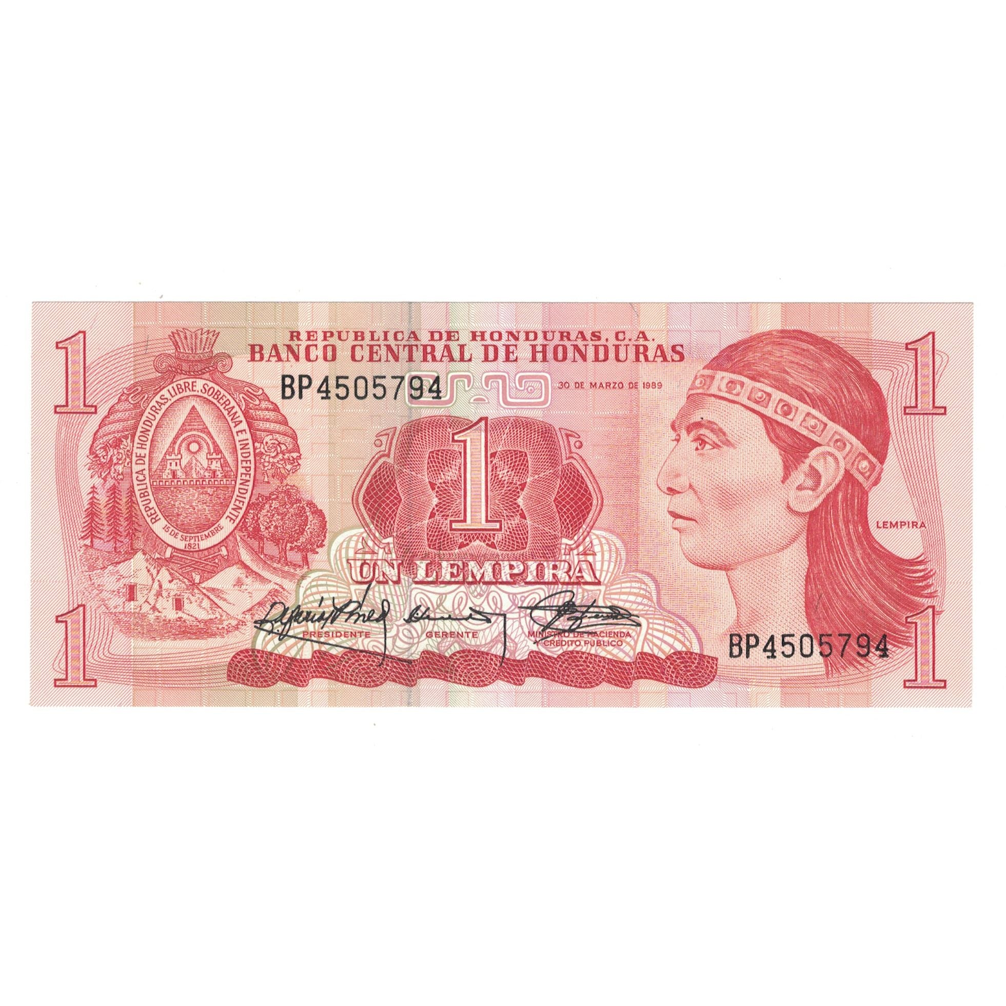 Banknote, Honduras, 1 Lempira, 1989, 1989-03-30, KM:68c, UNC(63)
