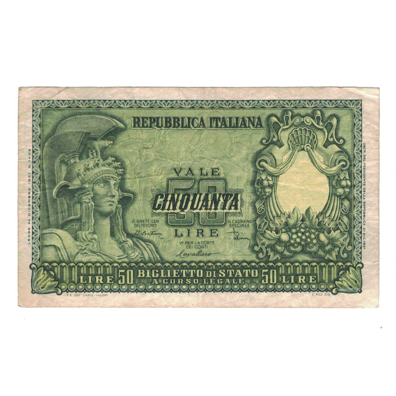 Banconote, Italia, 50 Lire, 1951, 1951-12-31, KM:91b, MB+