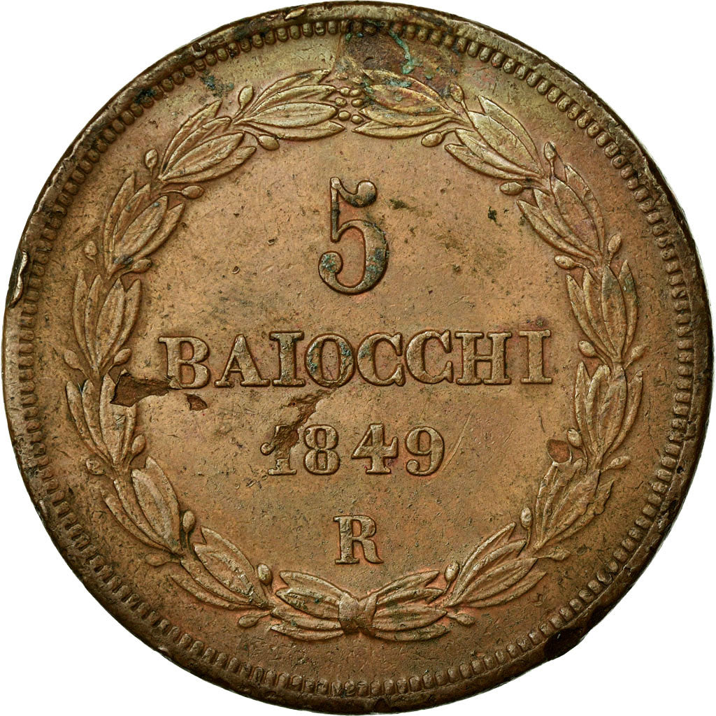 Munten, Italiaanse staten, PAPAL STATES, Pius IX, 5 Baiocchi, 1849, Roma, ZF+