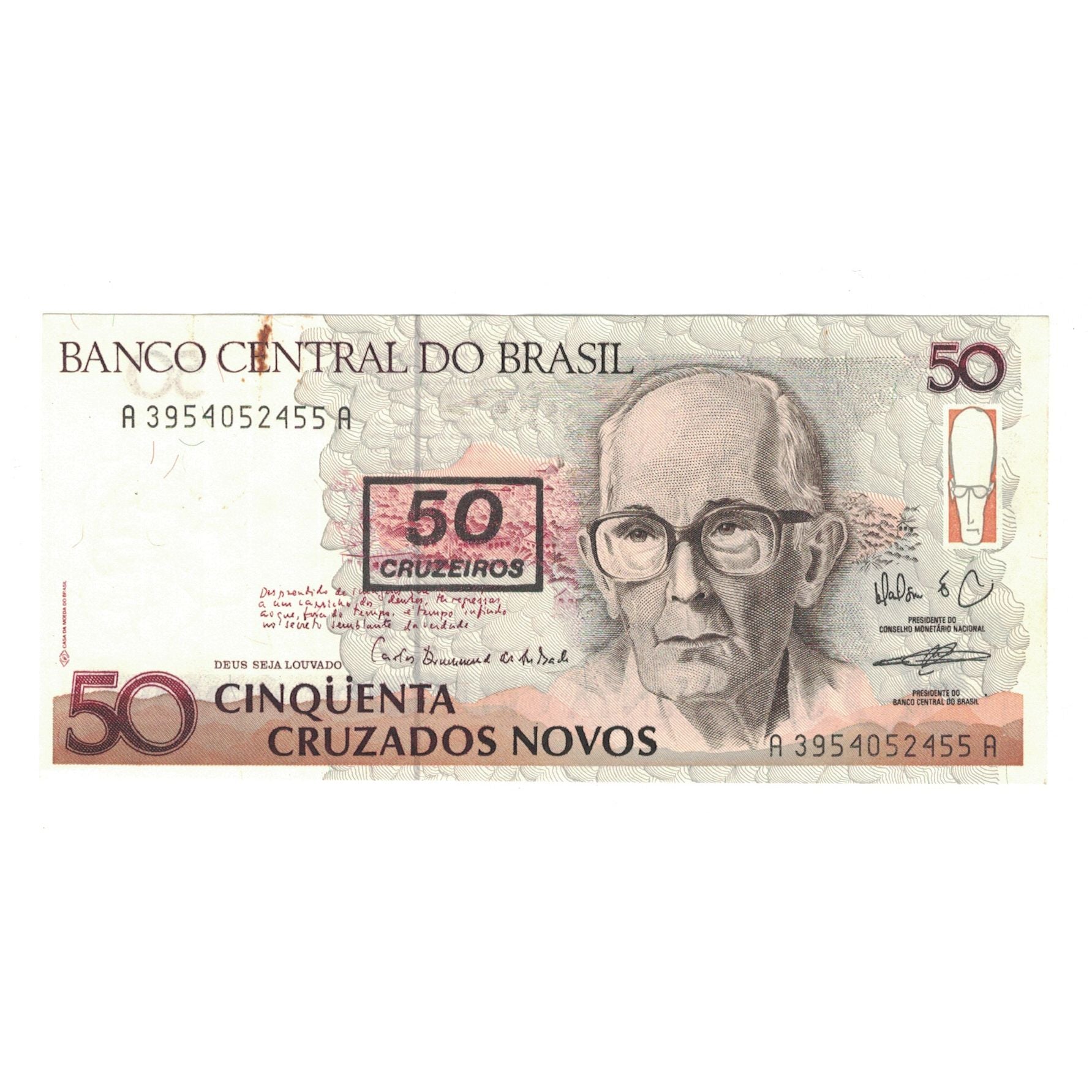 Nota, Brasil, 50 Cruzeiros on 50 Cruzados Novos, KM:223, EF(40-45)