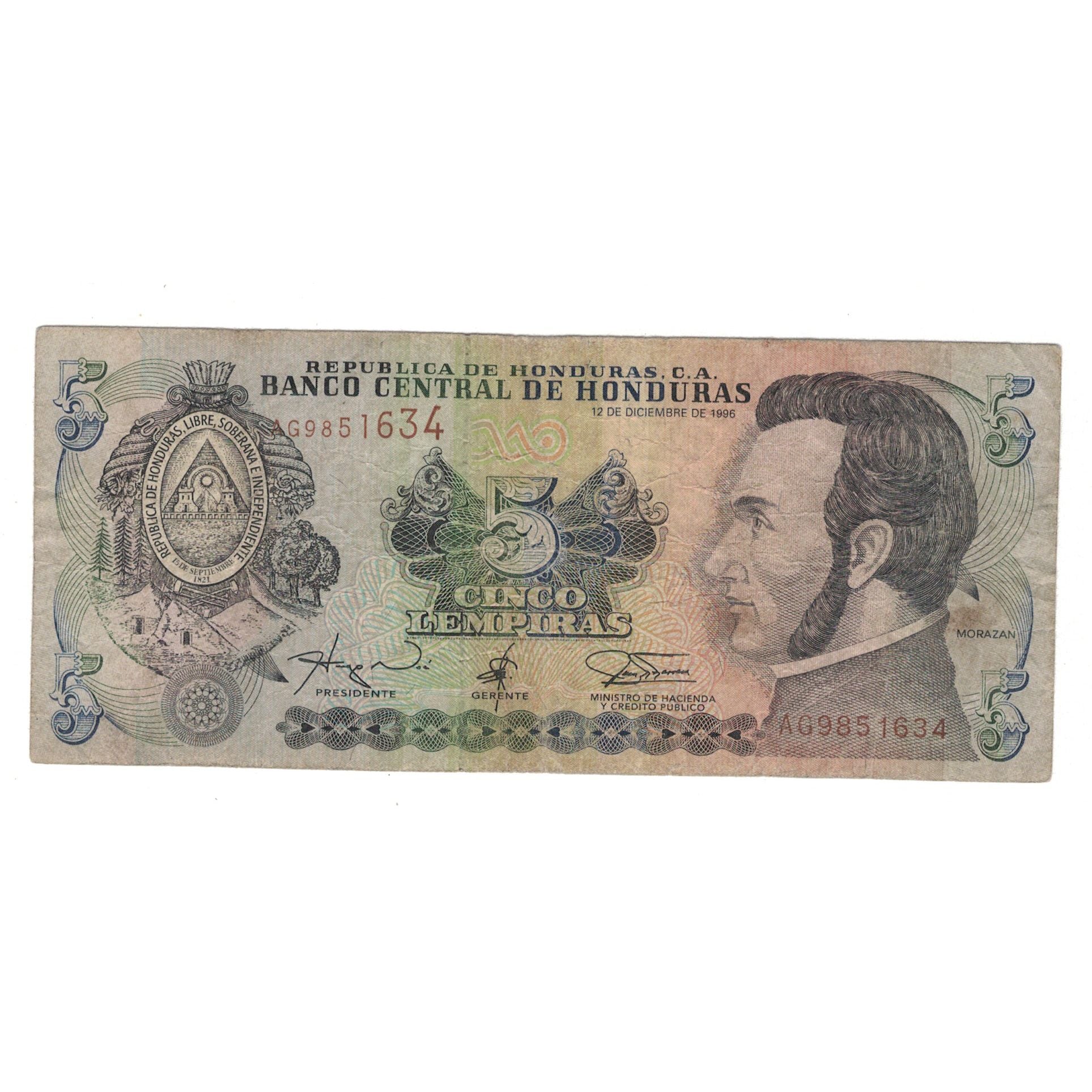 Biljet, Honduras, 5 Lempiras, 1996, 1996-12-12, KM:81a, B