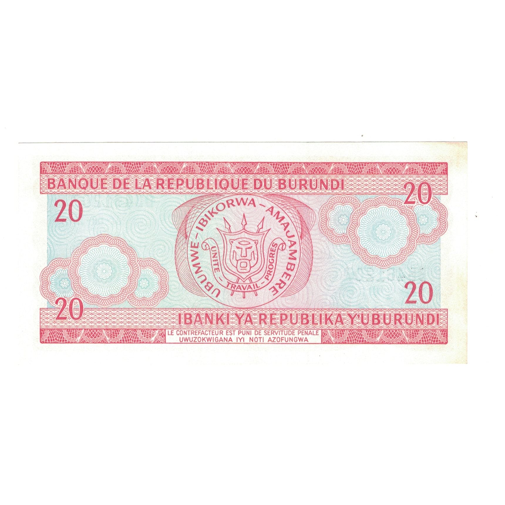 Biljet, Burundi, 20 Francs, 2001, 2001-08-01, KM:27d, SPL