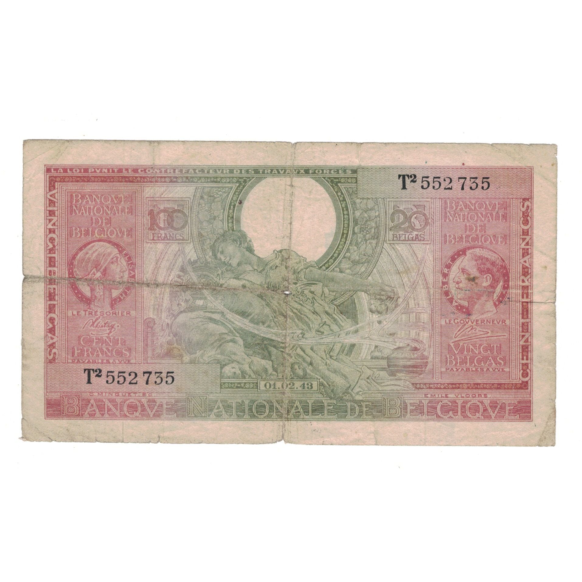 Banknote, Belgium, 100 Francs-20 Belgas, 1943, 1943-02-01, KM:123, VF(20-25)