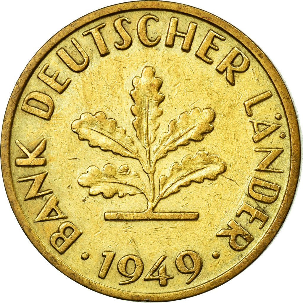 Coin, GERMANY - FEDERAL REPUBLIC, 10 Pfennig, 1949, AU(50-53), Brass Clad Steel