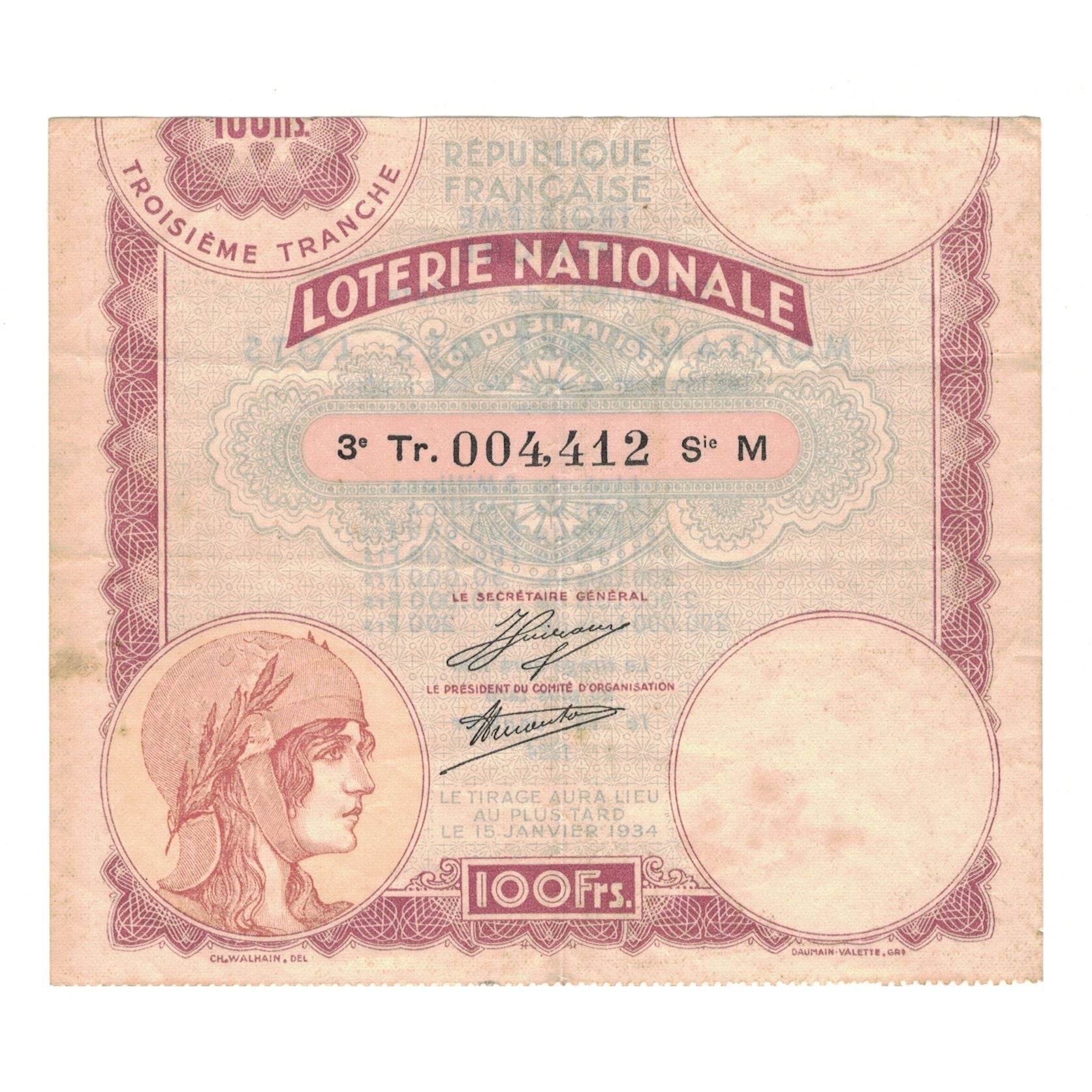 França, 100 Francs, LOTERIE NATIONALE, 1934, 004412, VF(30-35)