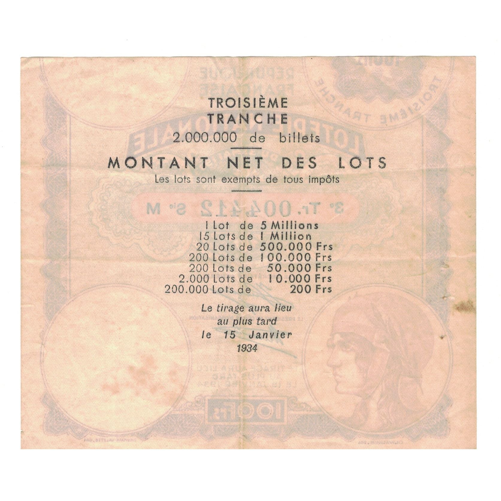França, 100 Francs, LOTERIE NATIONALE, 1934, 004412, VF(30-35)