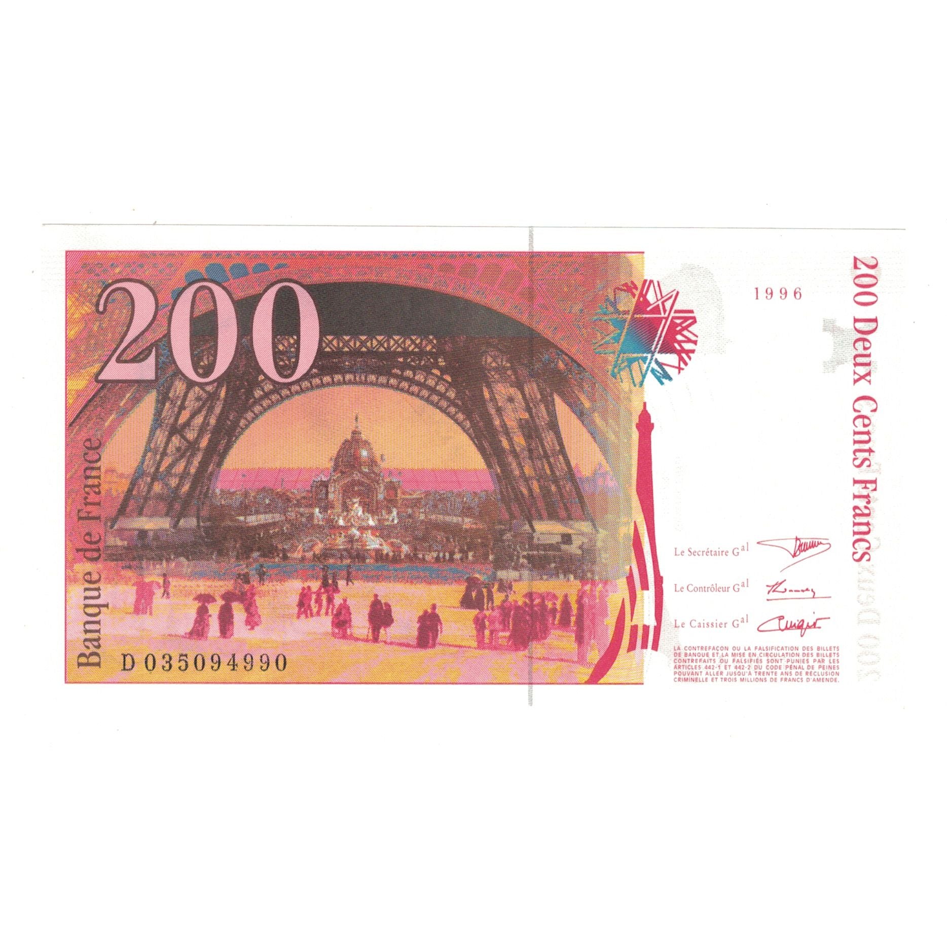 France, 200 Francs, Eiffel, 1996, D035094990, SPL+, Fayette:75.02, KM:159a