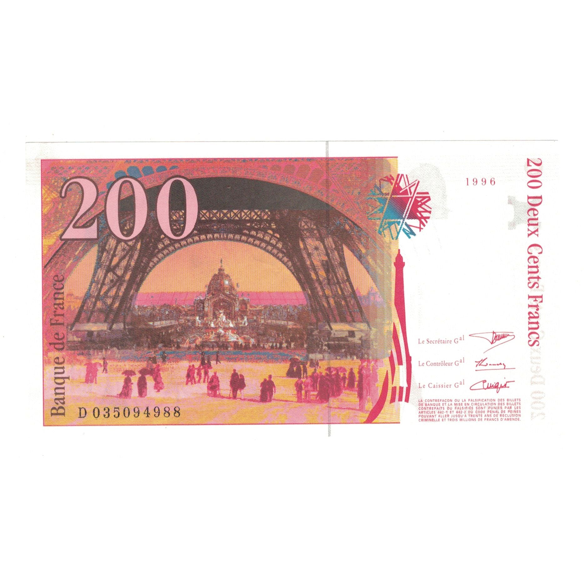 Frankreich, 200 Francs, Eiffel, 1996, D035094988, UNZ-, Fayette:75.02, KM:159a