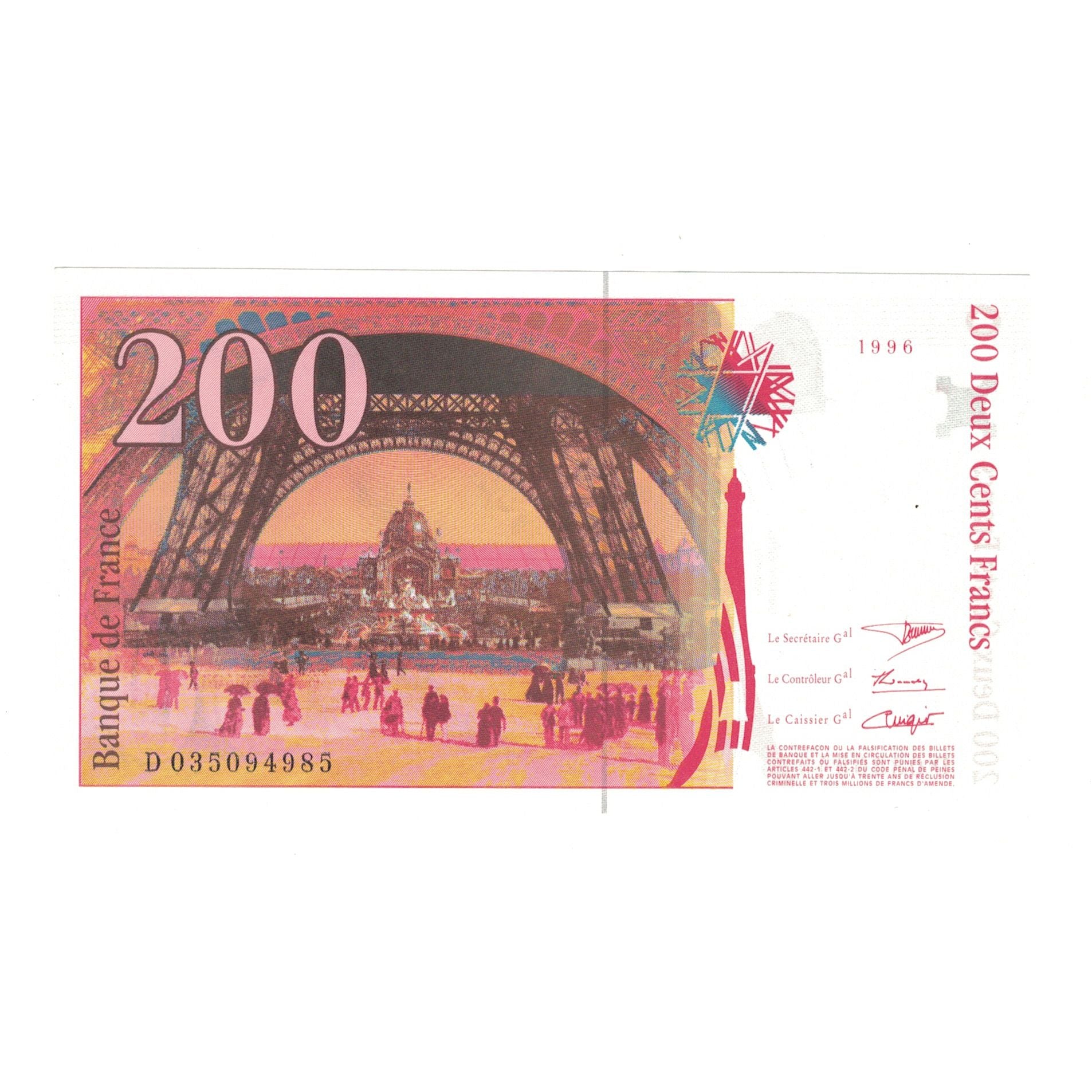 Francia, 200 Francs, Eiffel, 1996, D035094985, SPL, Fayette:75.02, KM:159a
