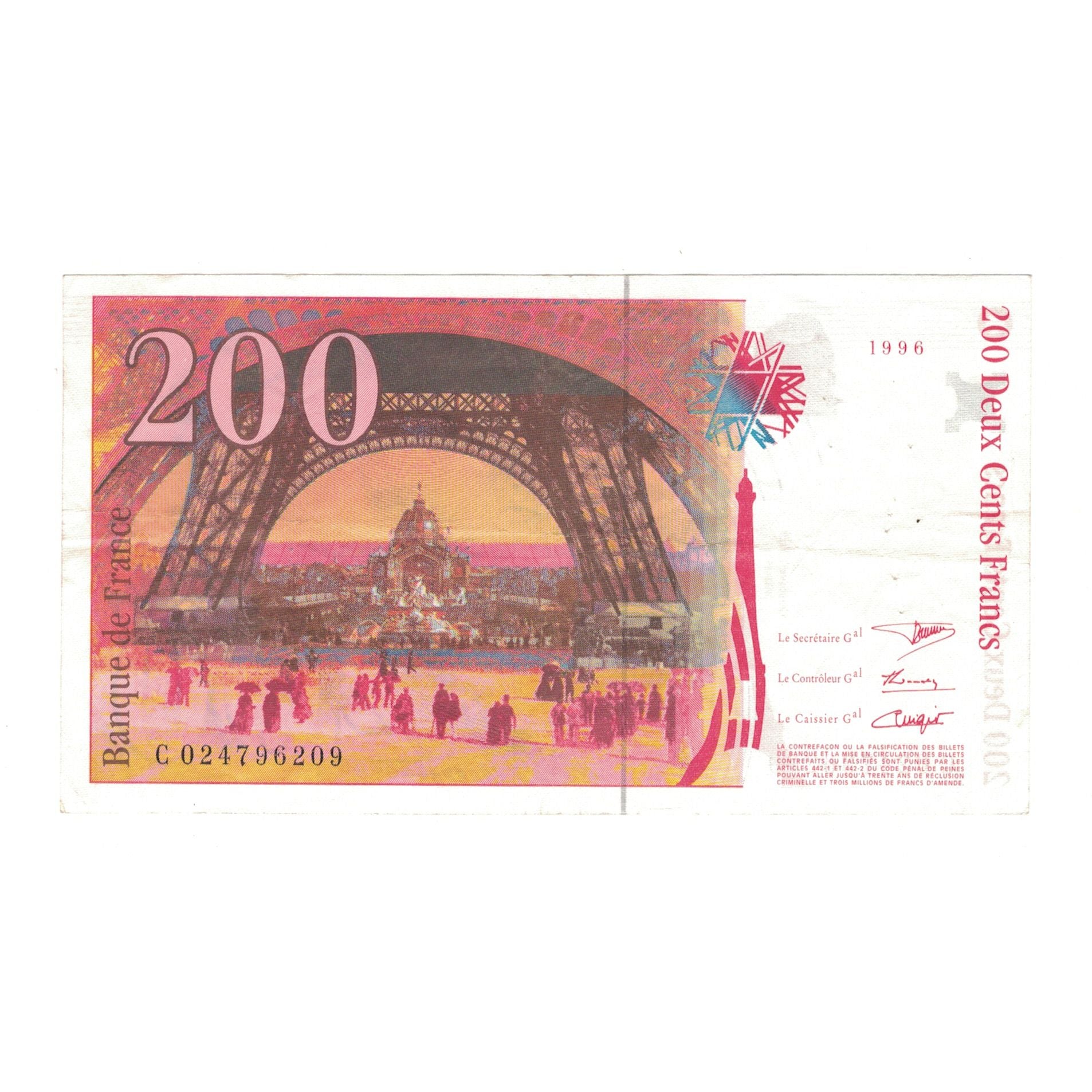 France, 200 Francs, Eiffel, 1996, C024796209, EF(40-45), Fayette:75.02, KM:159a