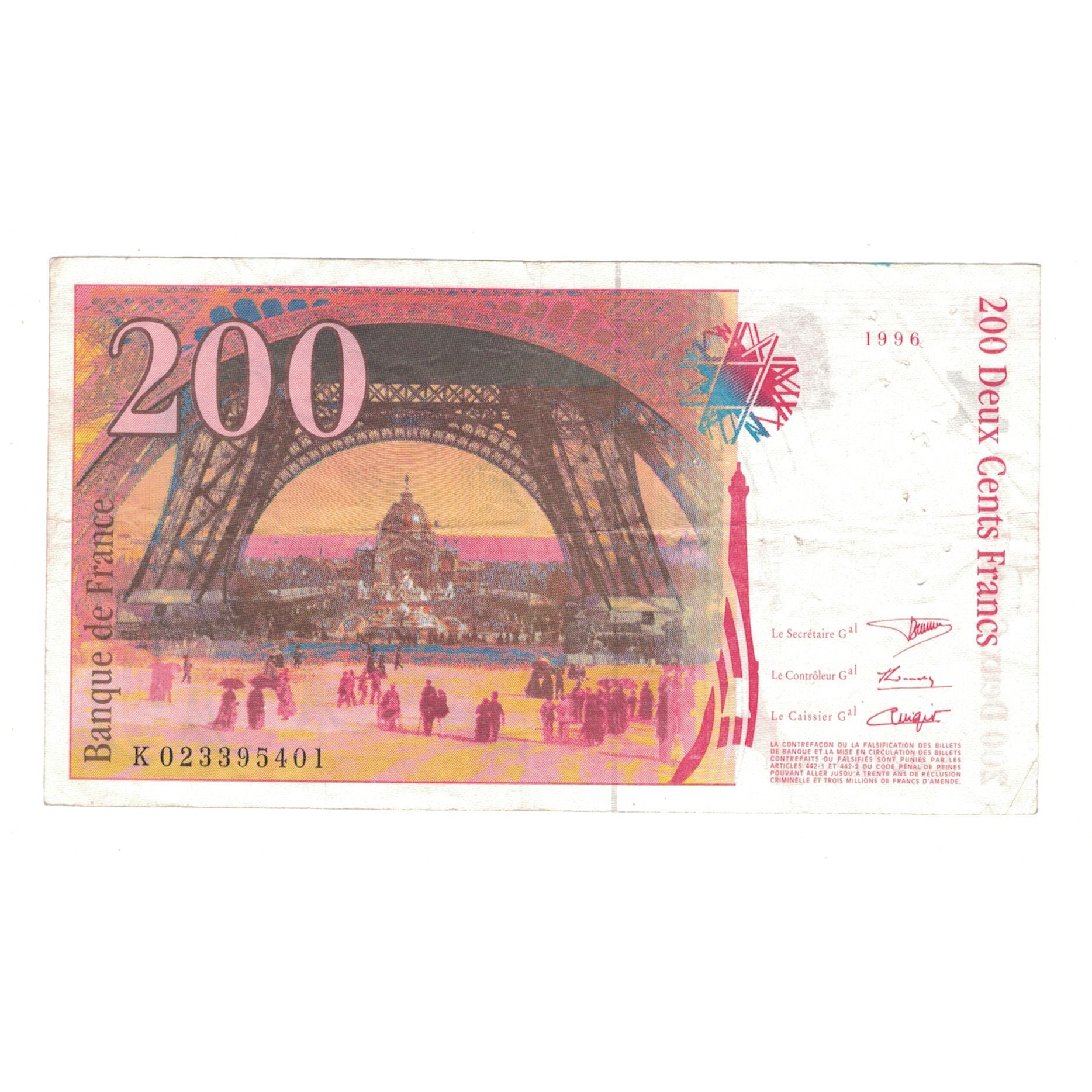 França, 200 Francs, Eiffel, 1996, K023395401, EF(40-45), Fayette:75.02, KM:159a