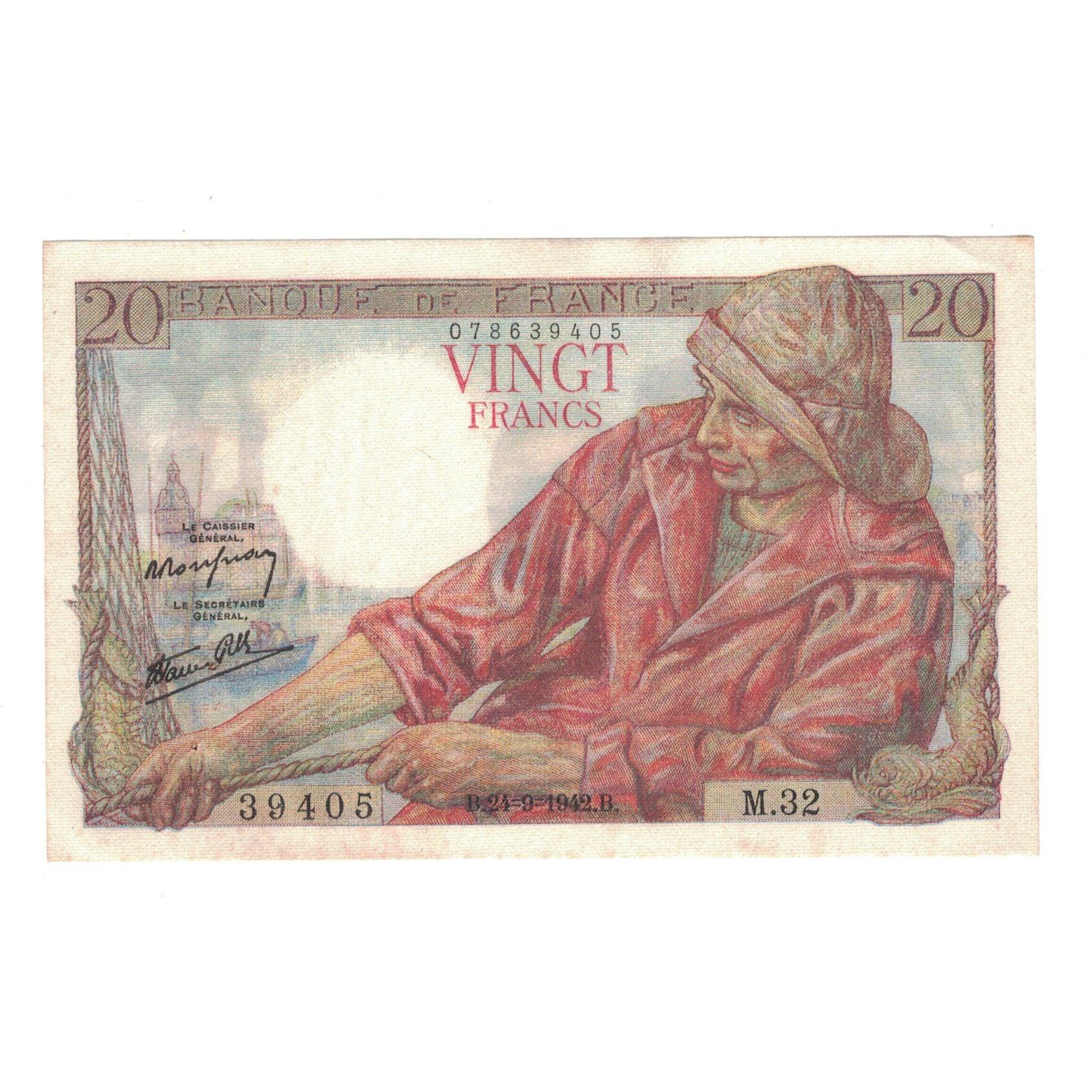 Francia, 20 Francs, Pêcheur, 1942, M.32, BB+, Fayette:13.3, KM:100a