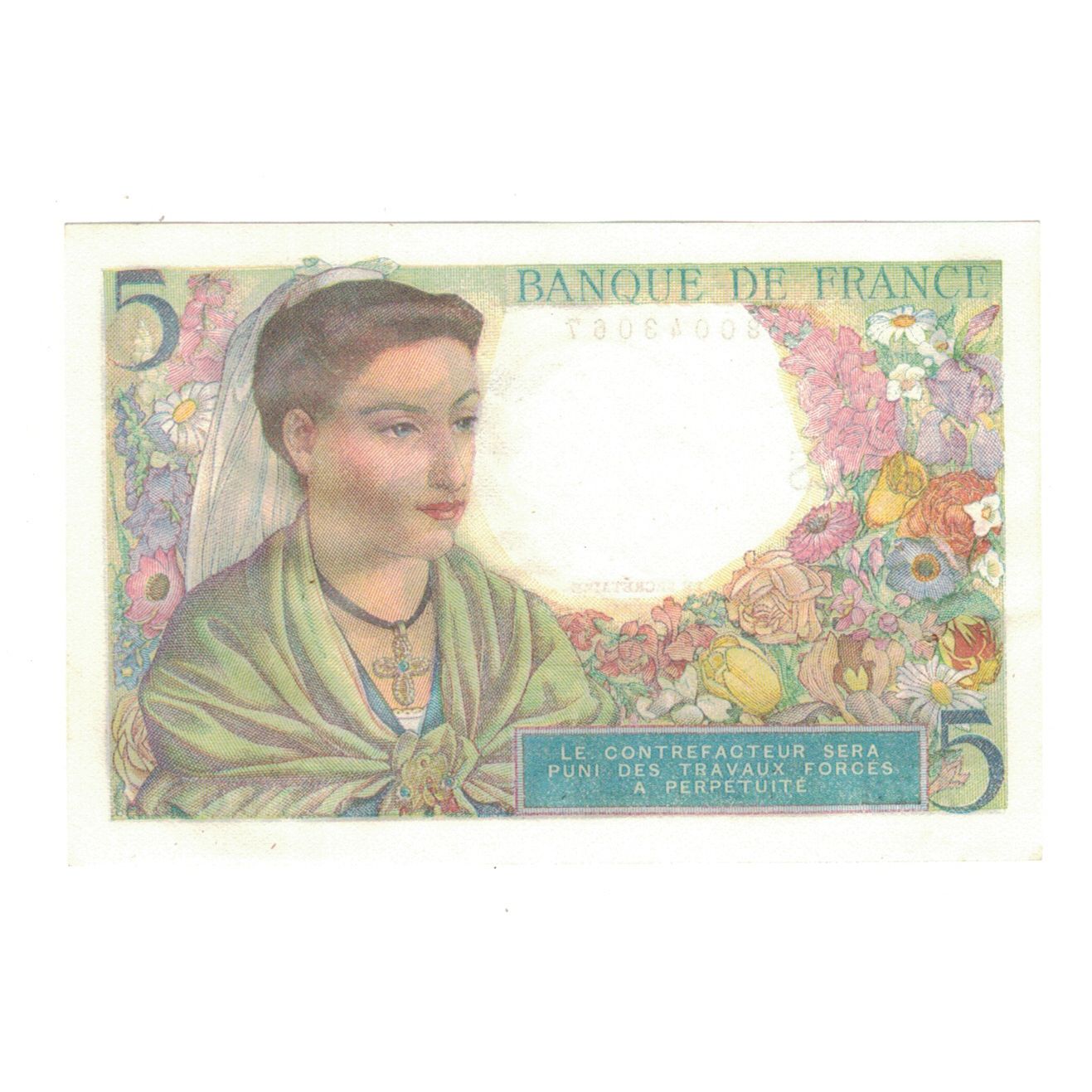 France, 5 Francs, Berger, 1943, A.73, UNC(63), Fayette:F05.4, KM:98a