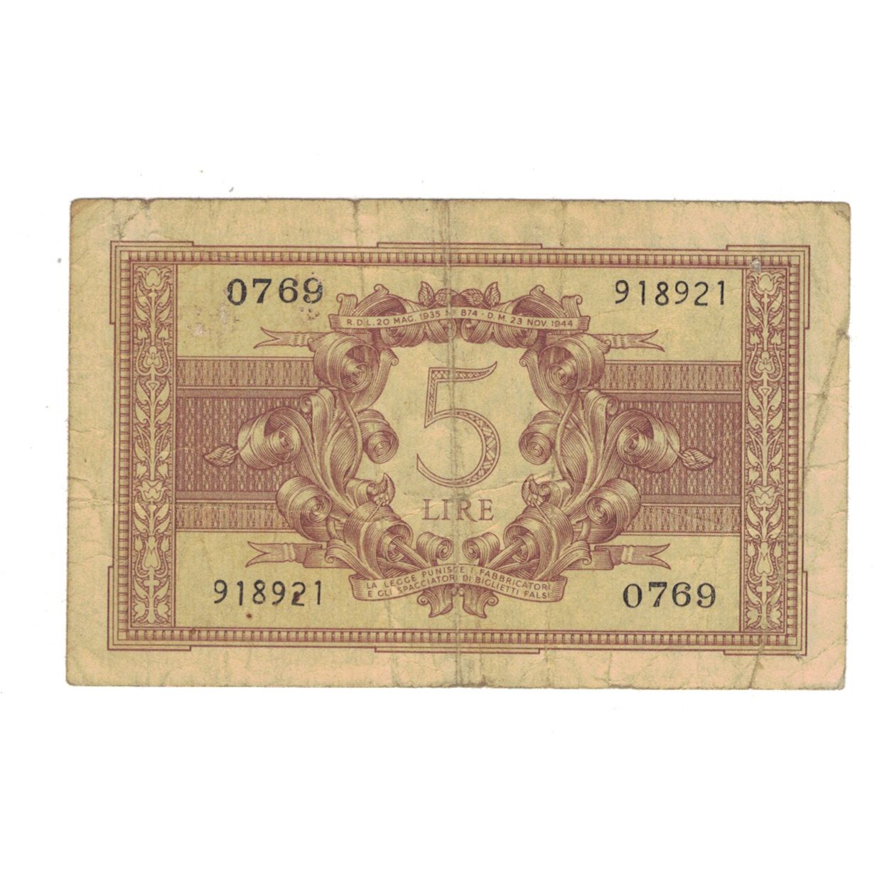 Banknote, Italy, 5 Lire, 1944, 1944-11-23, KM:31c, VF(20-25)