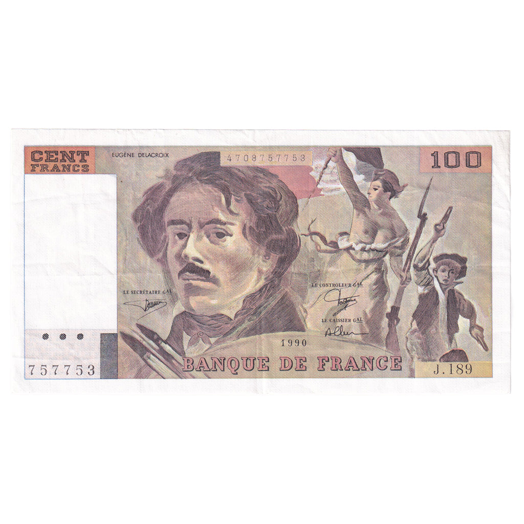 Francja, 100 Francs, Delacroix, 1990, J.189, EF(40-45), Fayette:69BIS.2e2