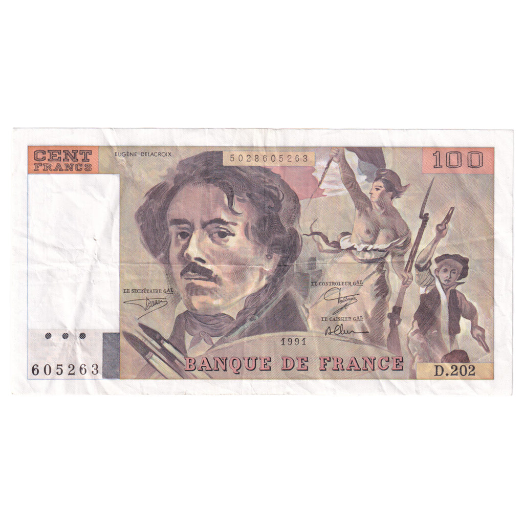 France, 100 Francs, Delacroix, 1991, D.202, EF(40-45), Fayette:69bis.3c1