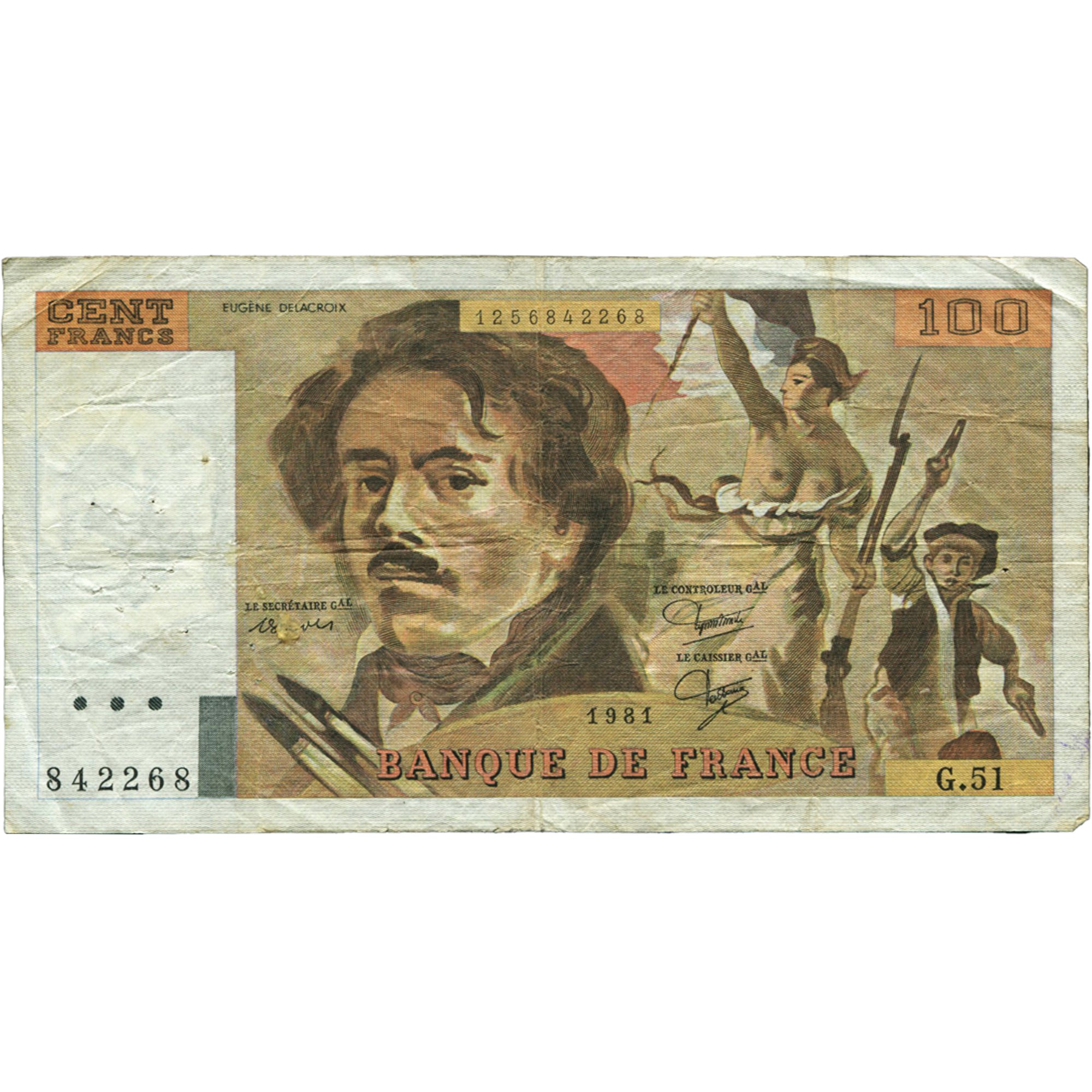 Francia, 100 Francs, Delacroix, 1981, G.51, BC+, Fayette:69.5