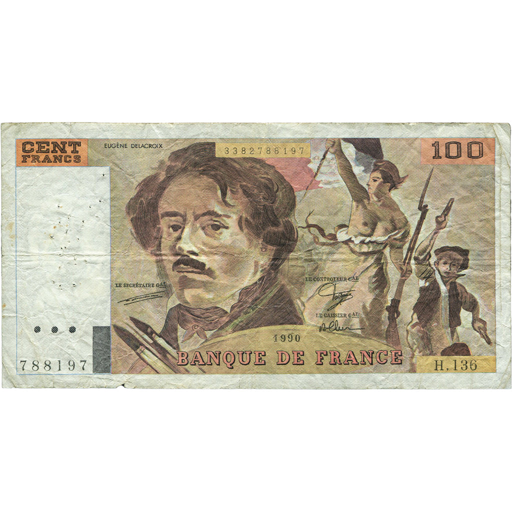 França, 100 Francs, Delacroix, 1990, H.136, VF(30-35), Fayette:69bis.1a