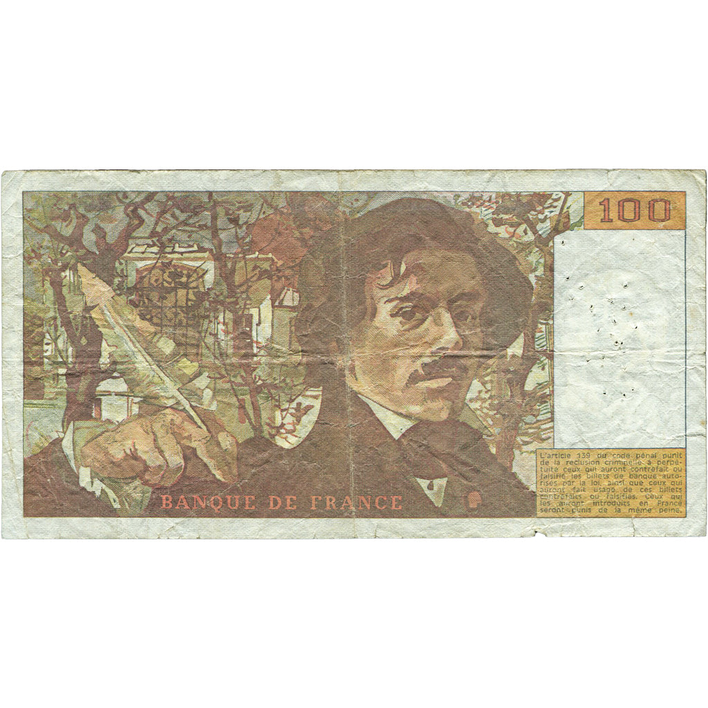 França, 100 Francs, Delacroix, 1990, H.136, VF(30-35), Fayette:69bis.1a