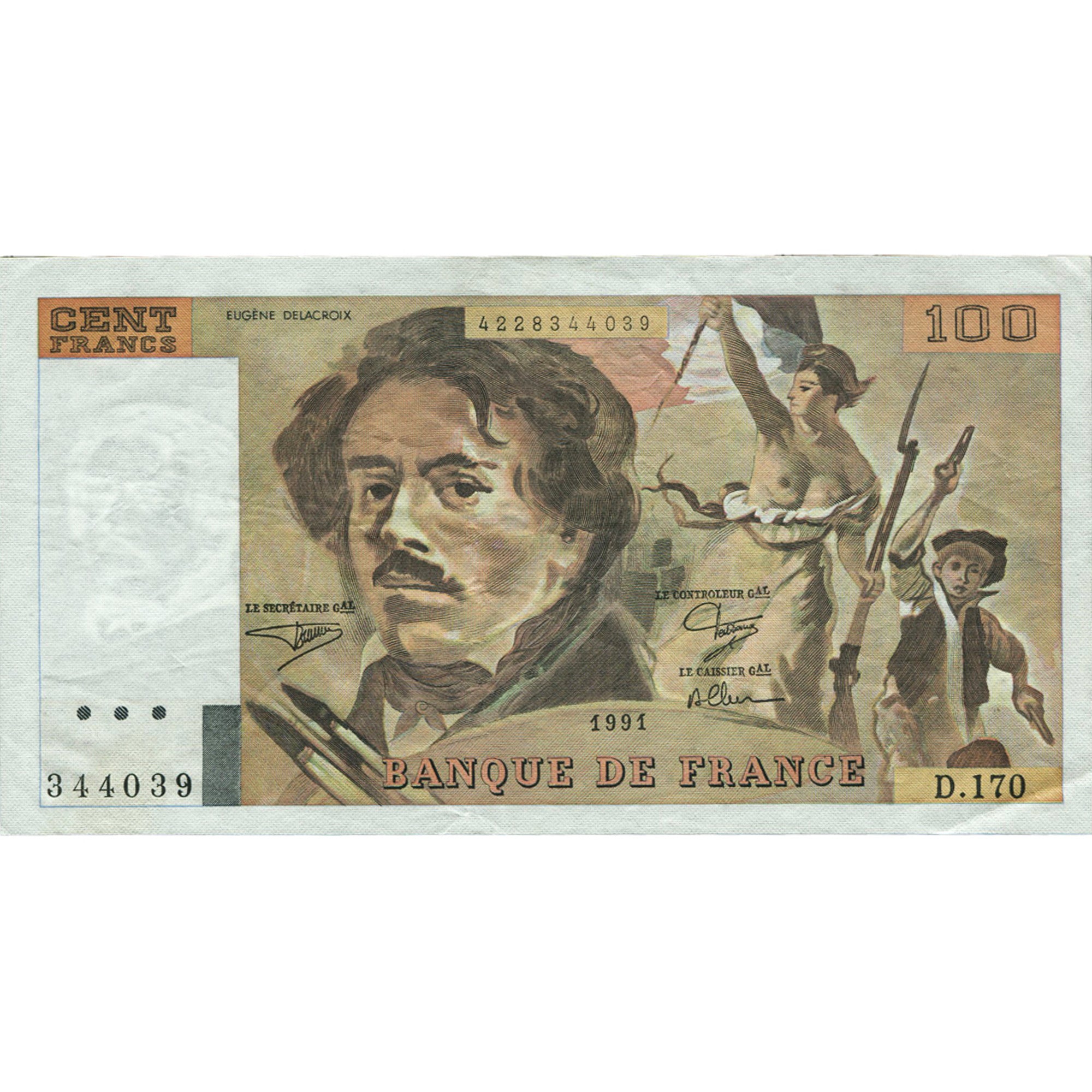 France, 100 Francs, Delacroix, 1991, D.170, EF(40-45), Fayette:69bis.3a1
