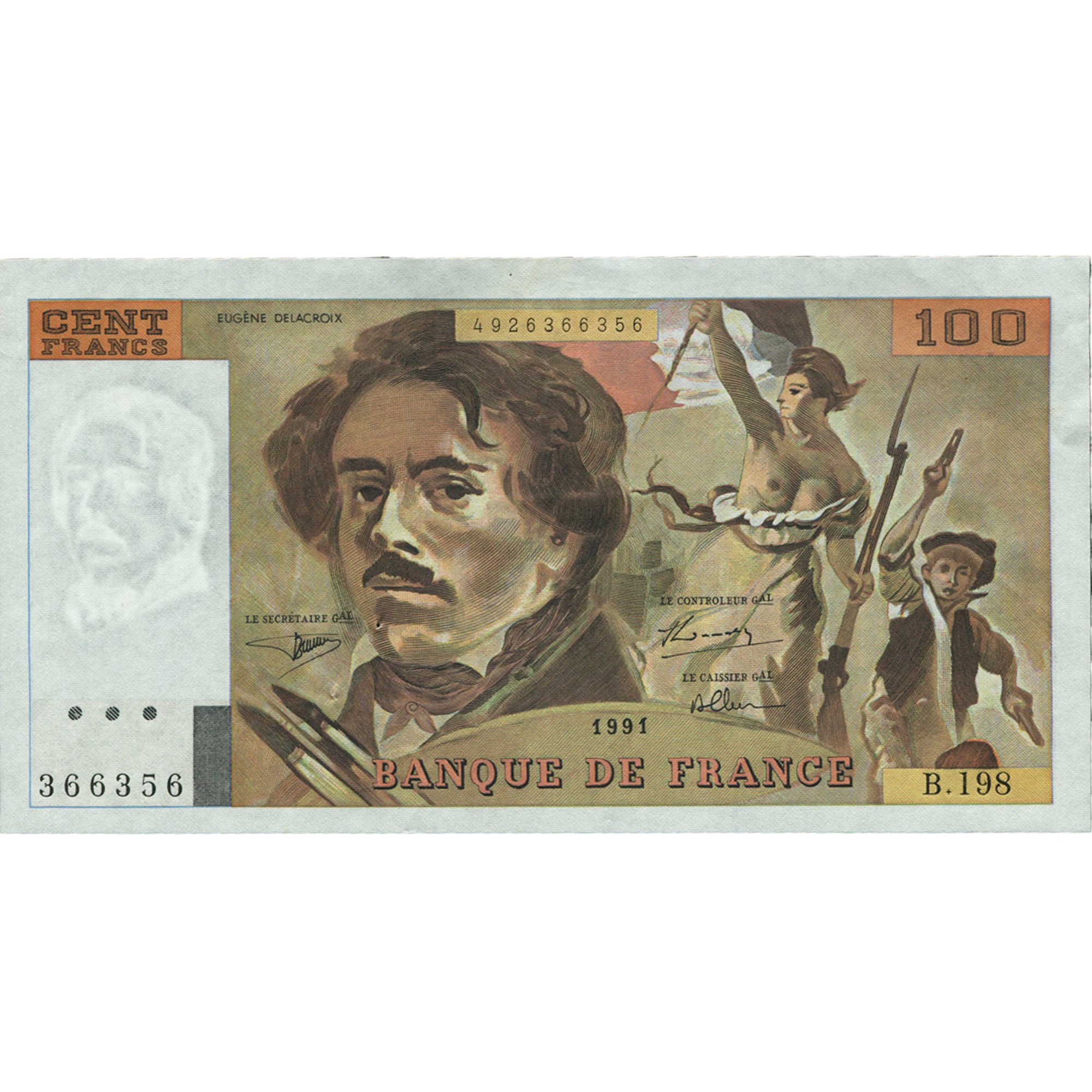 França, 100 Francs, Delacroix, 1991, B.198, UNC(63), Fayette:69bis.4a