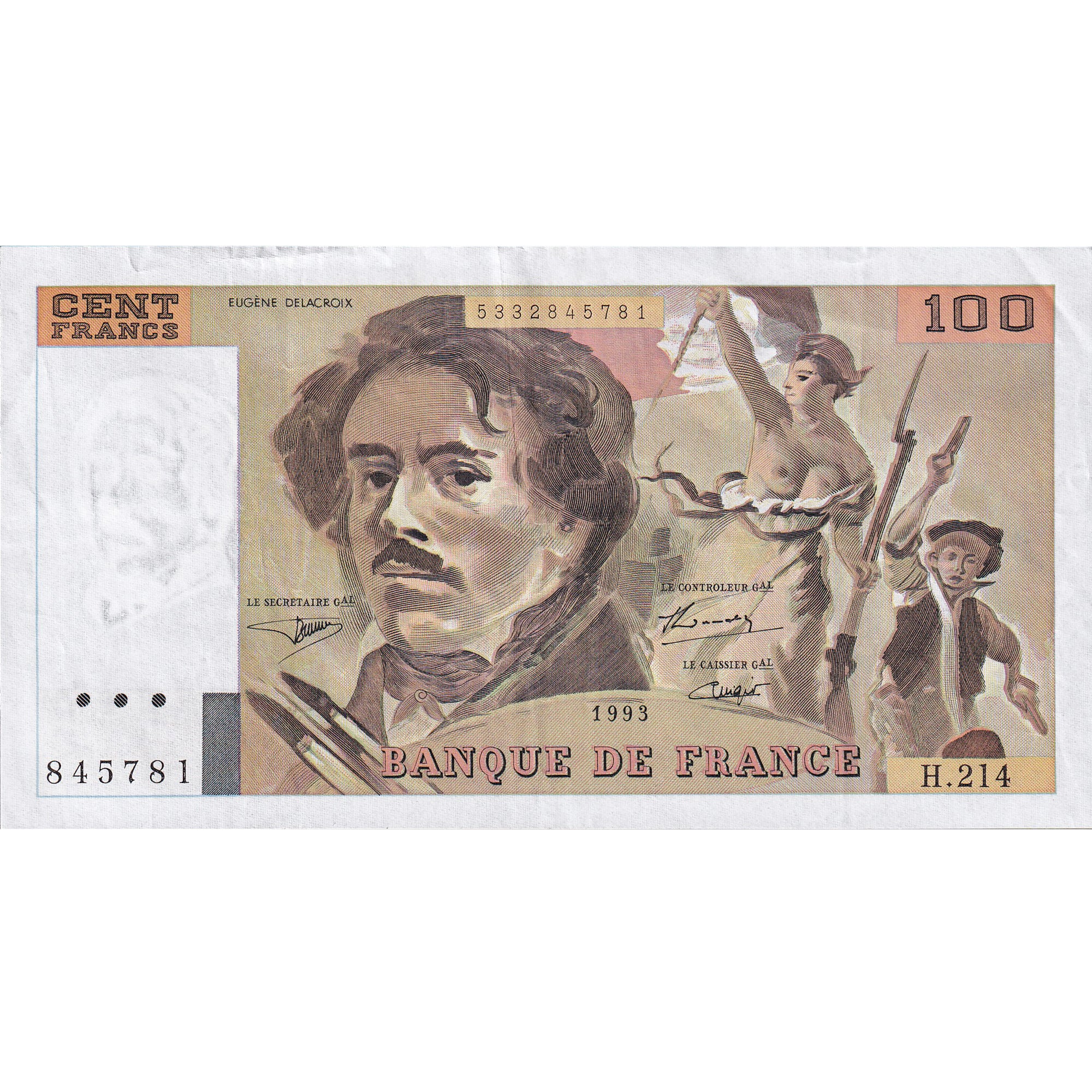France, 100 Francs, Delacroix, 1993, H.214, AU(50-53), Fayette:69bis.7