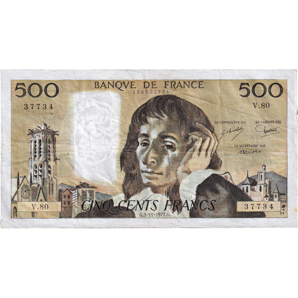 Frankreich, 500 Francs, Pascal, 1977, V.80, S+, Fayette:71.17