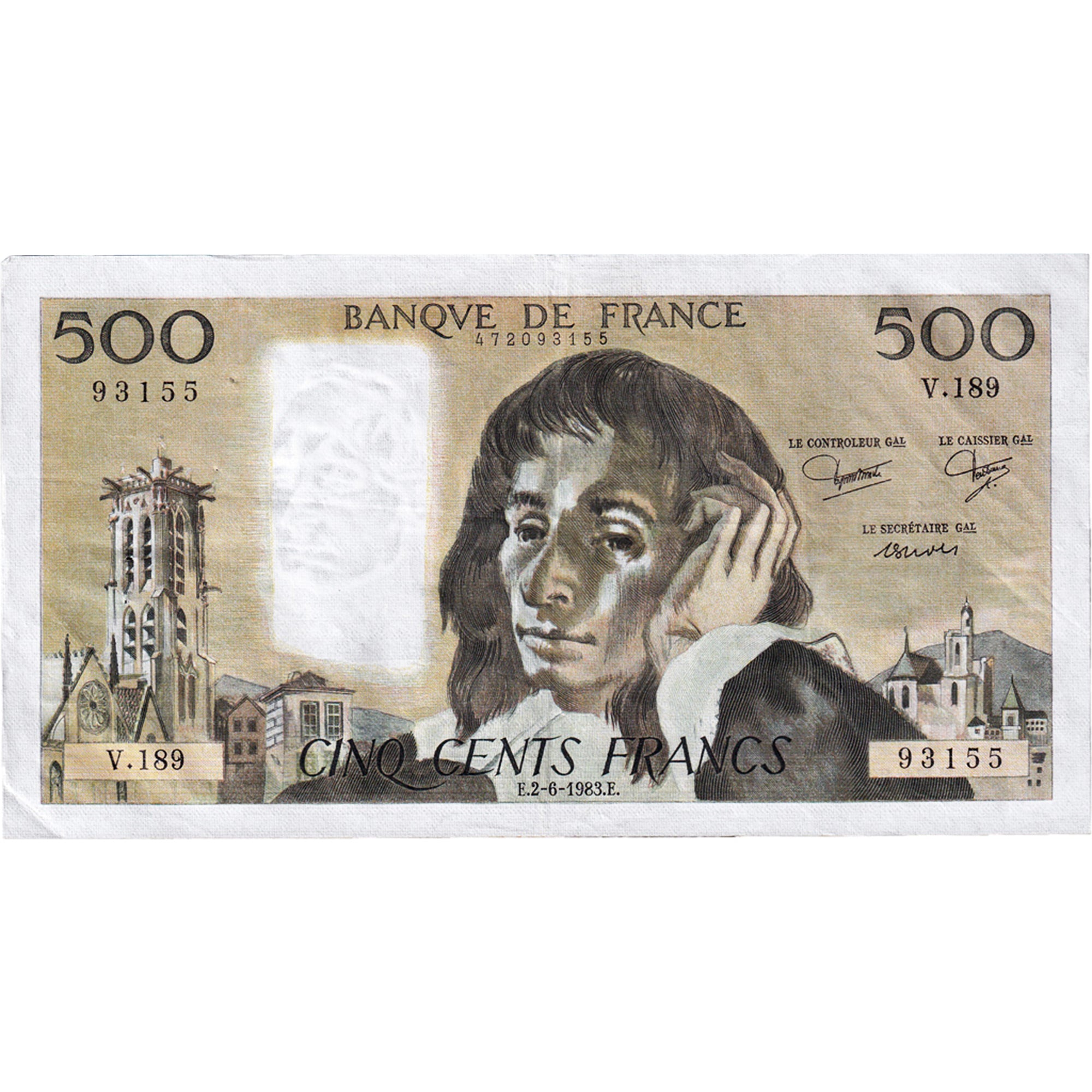 France, 500 Francs, Pascal, 1983, V.189, AU(50-53), Fayette:71.29