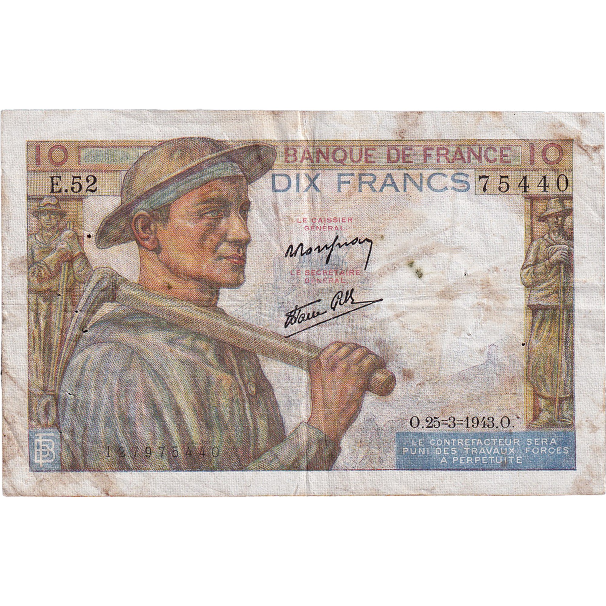 Francja, 10 Francs, Mineur, 1943, E.52, VF(20-25), Fayette:08.08