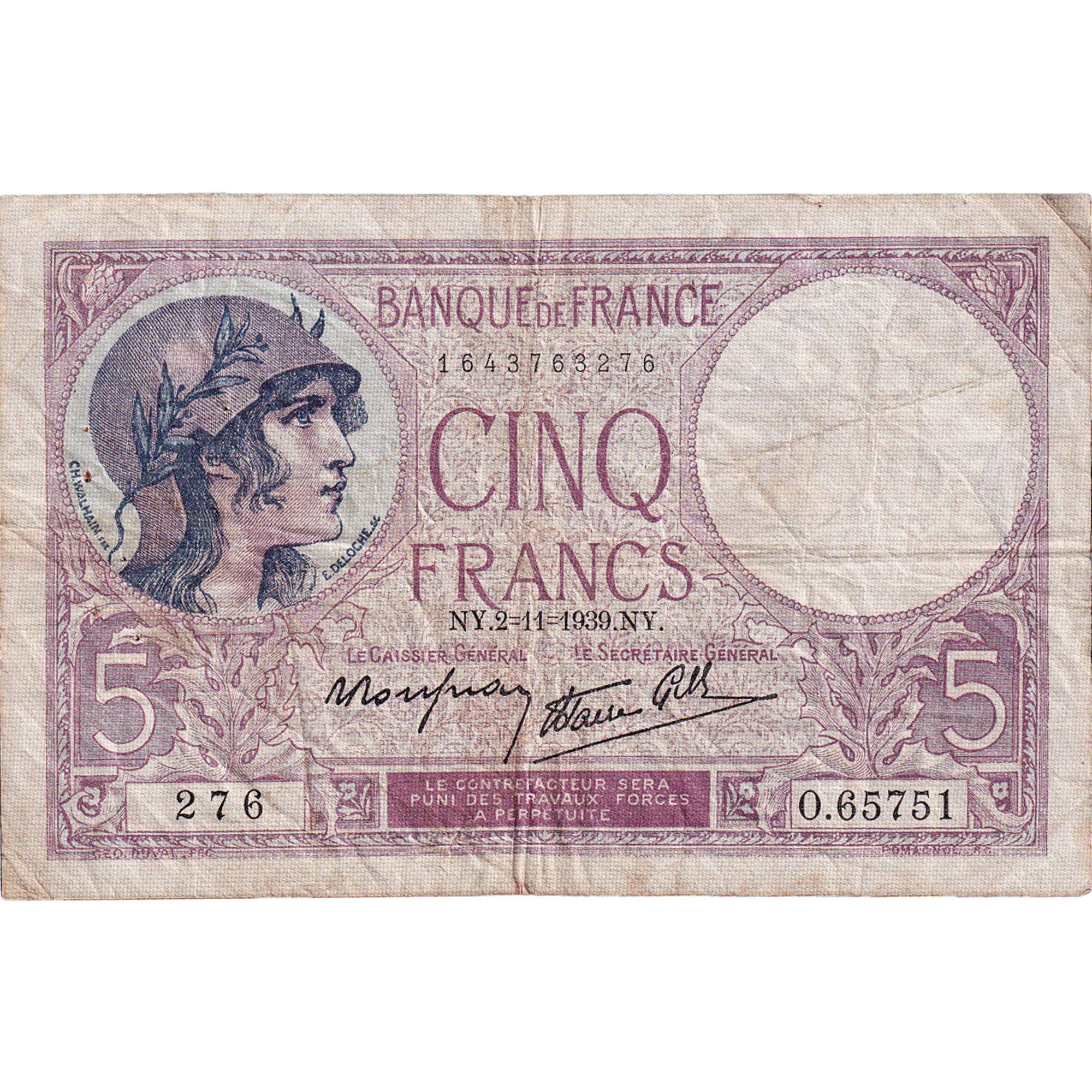 France, 5 Francs, Violet, 1939, O.65751, TB, Fayette:04.14
