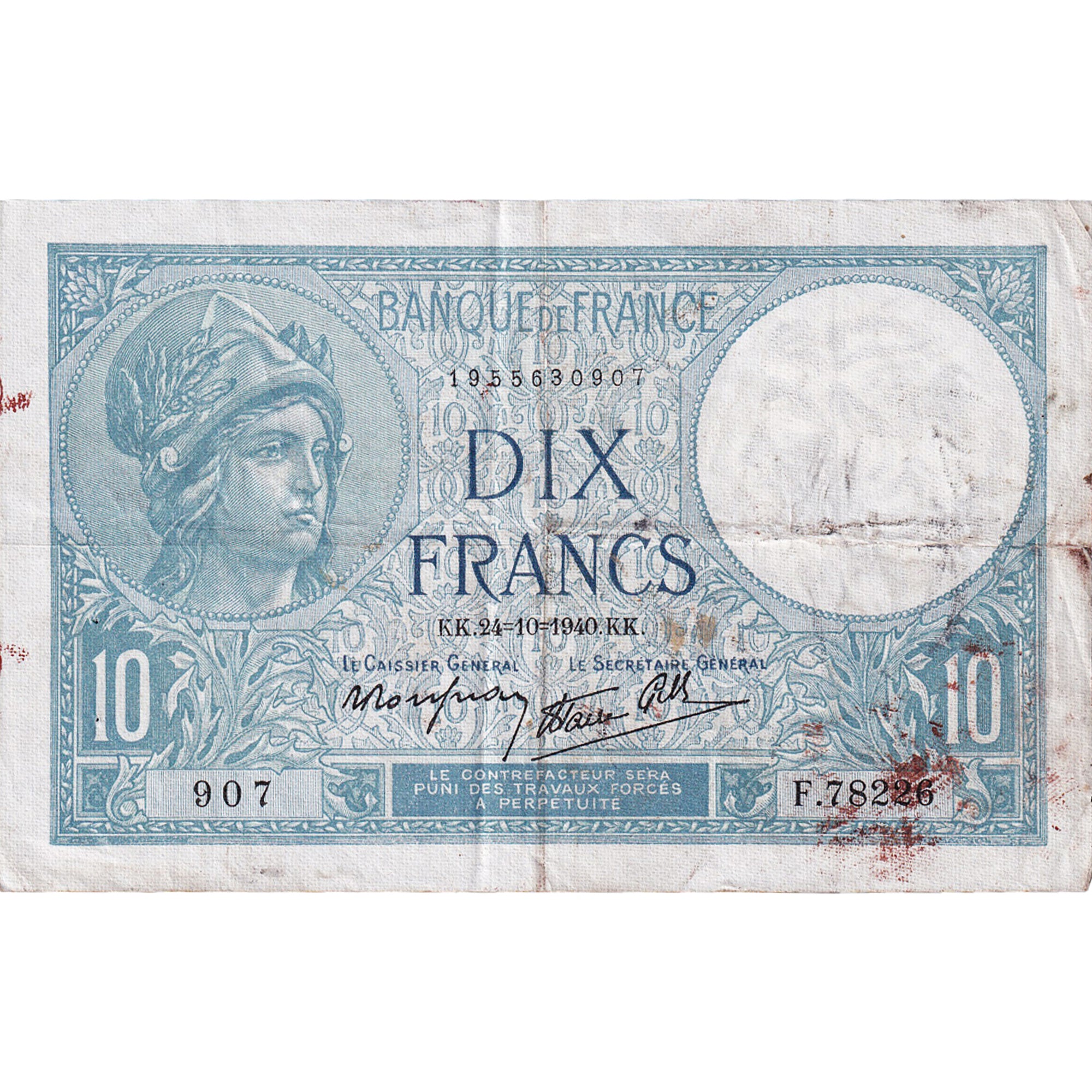 Frankreich, 10 Francs, Minerve, 1940, F78226, S+, Fayette:07.18