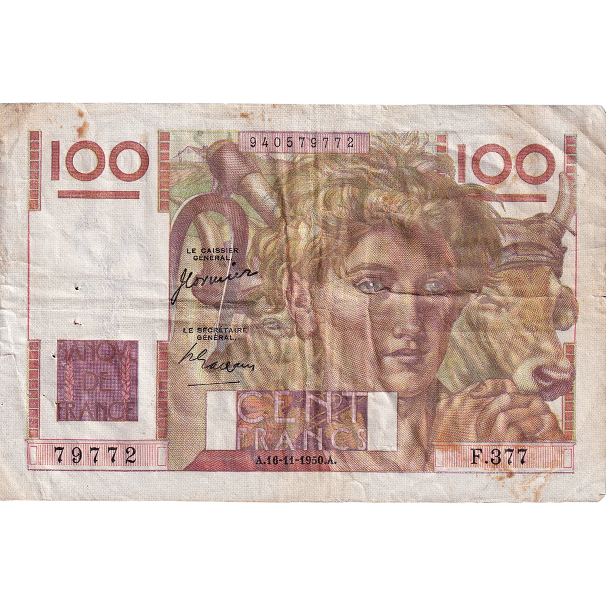 França, 100 Francs, Jeune Paysan, 1950, F.377, VF(30-35), Fayette:28.28
